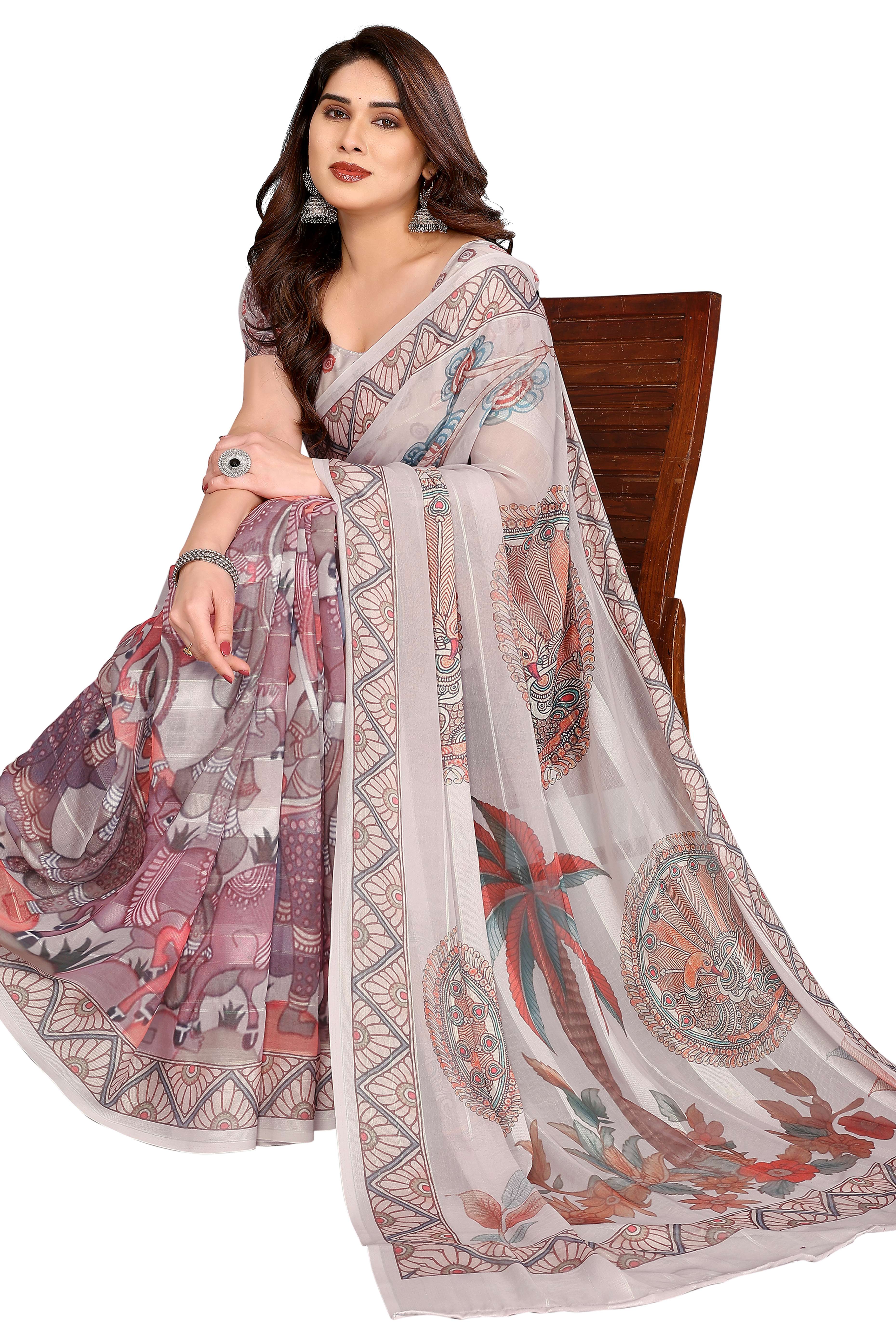 Luxury Beige Floral Digital Print Georgette Saree With Subtle Zari Highlights & Vibrant Striped