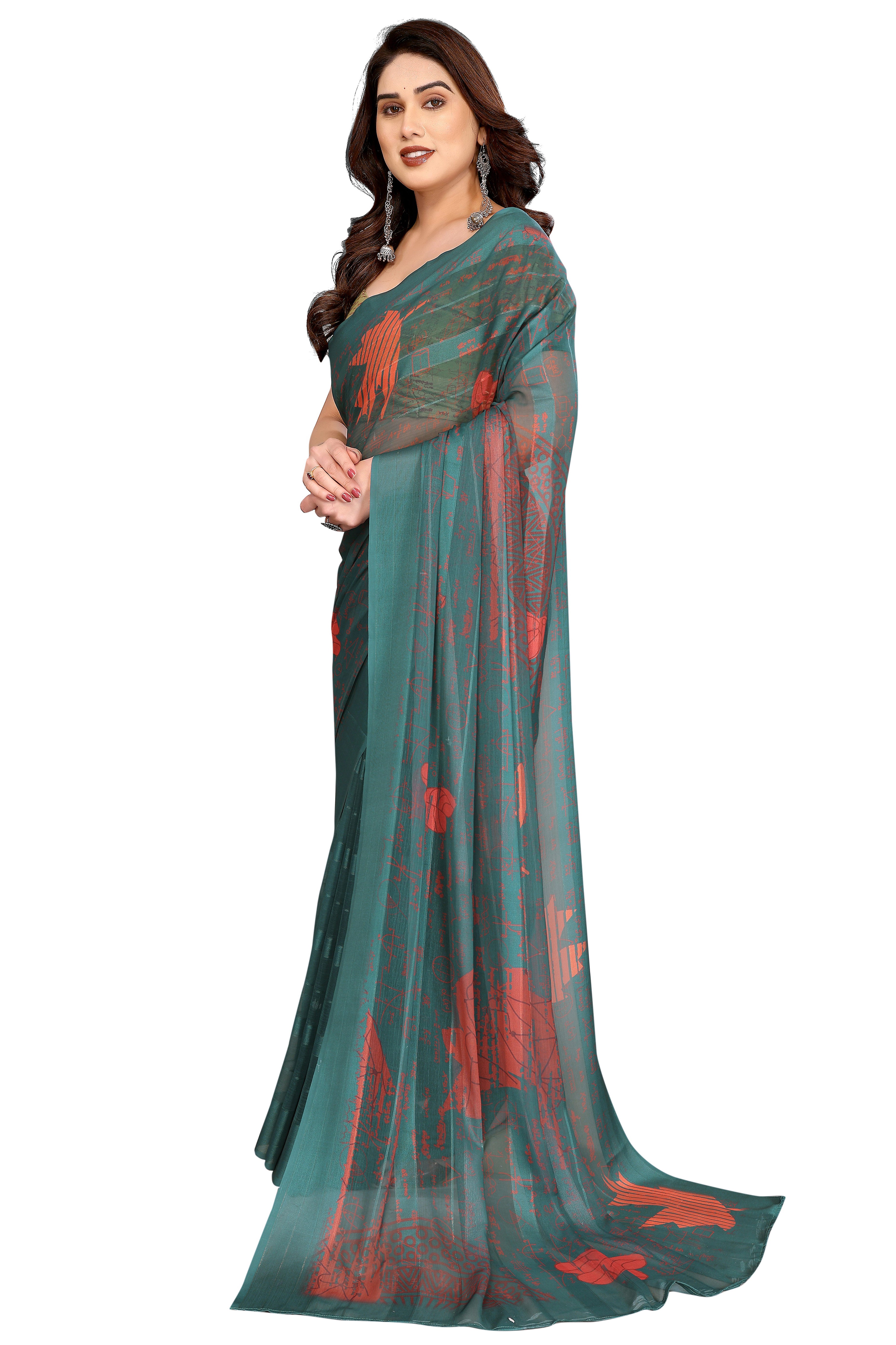 Luxury Green Digital Print Georgette Saree With Subtle Zari Highlights & Vibrant Striped