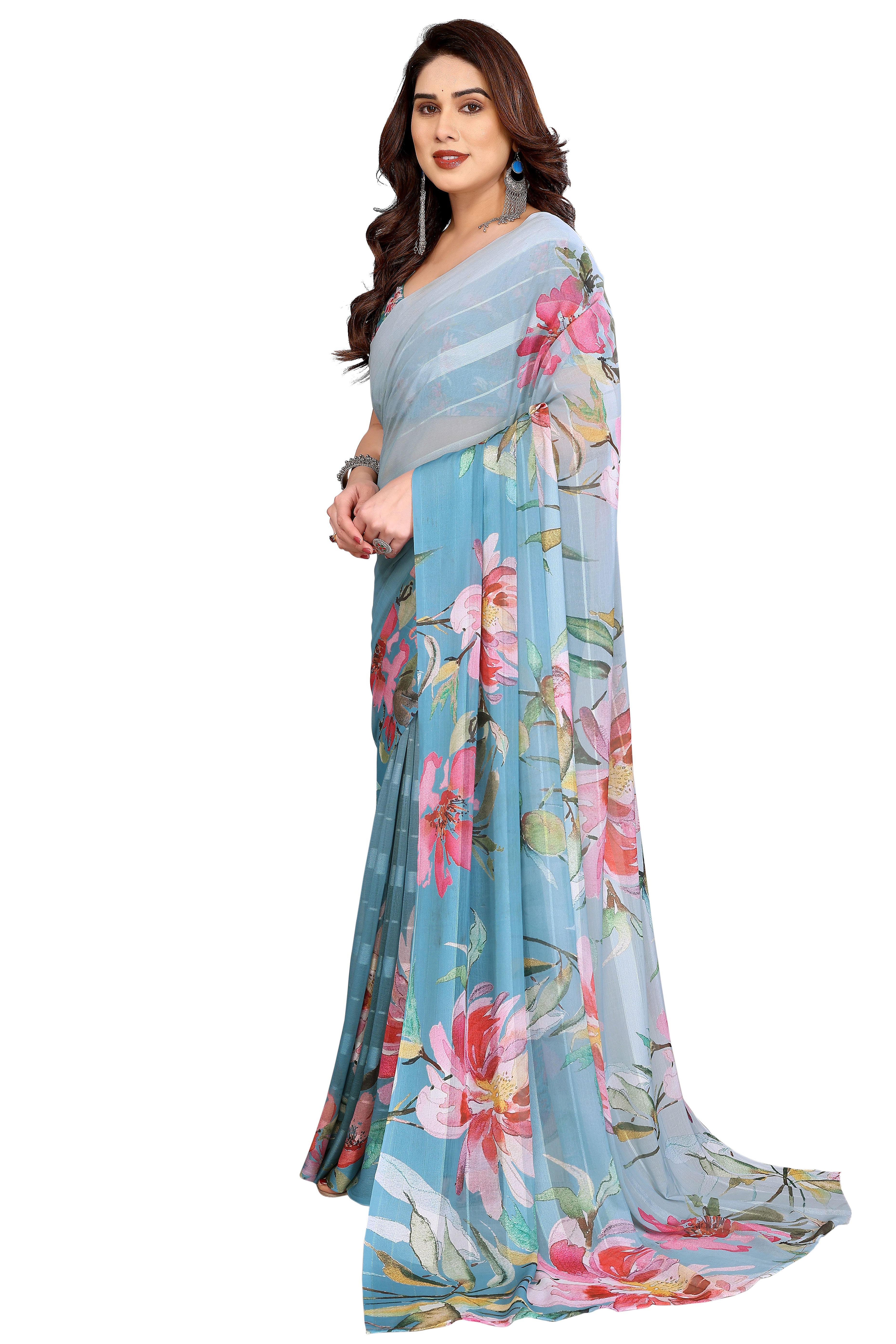 Luxury Blue Floral Digital Print Georgette Saree With Subtle Zari Highlights & Vibrant Striped