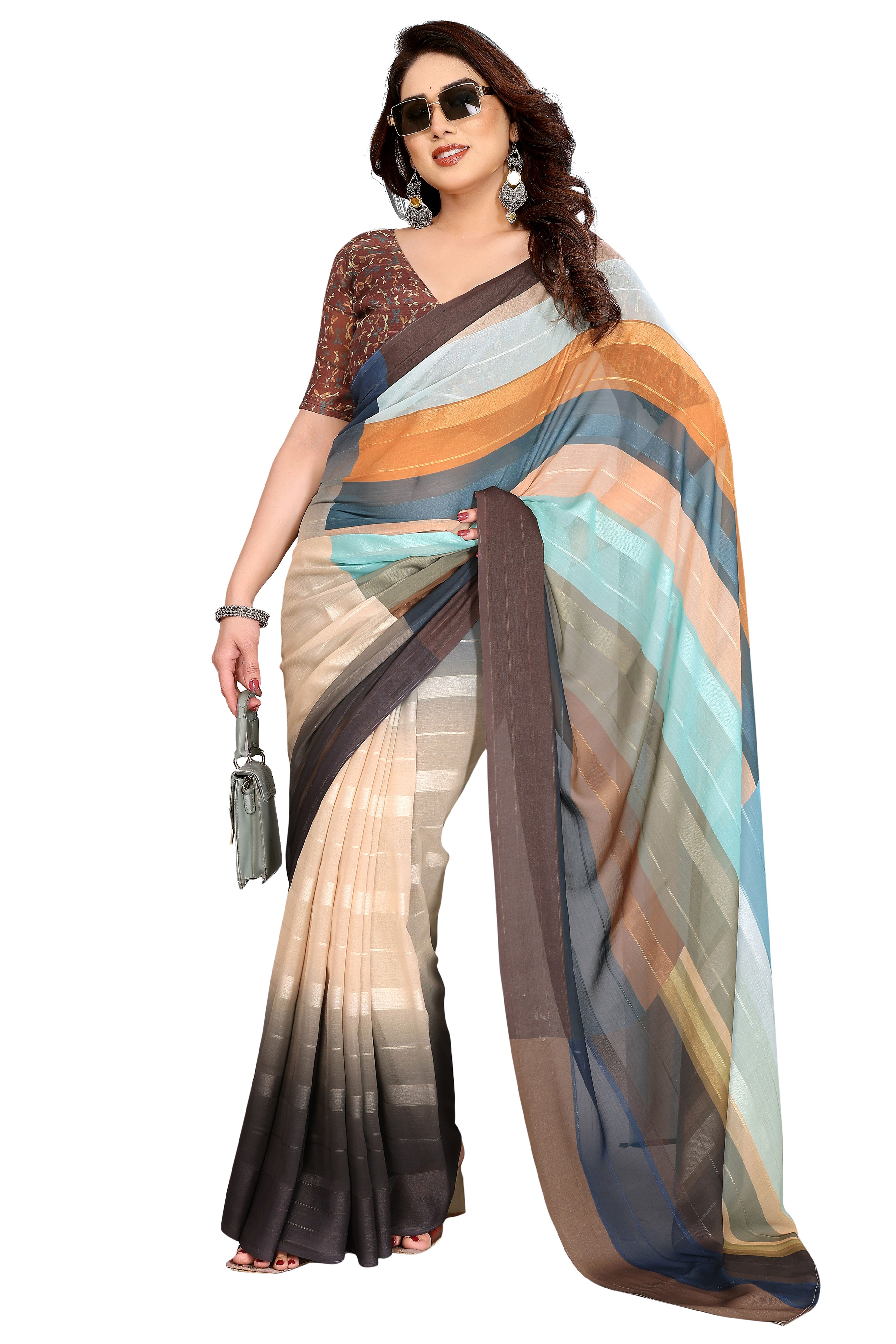Luxury Multicolor Digital Print Georgette Saree With Subtle Zari Highlights & Vibrant Striped