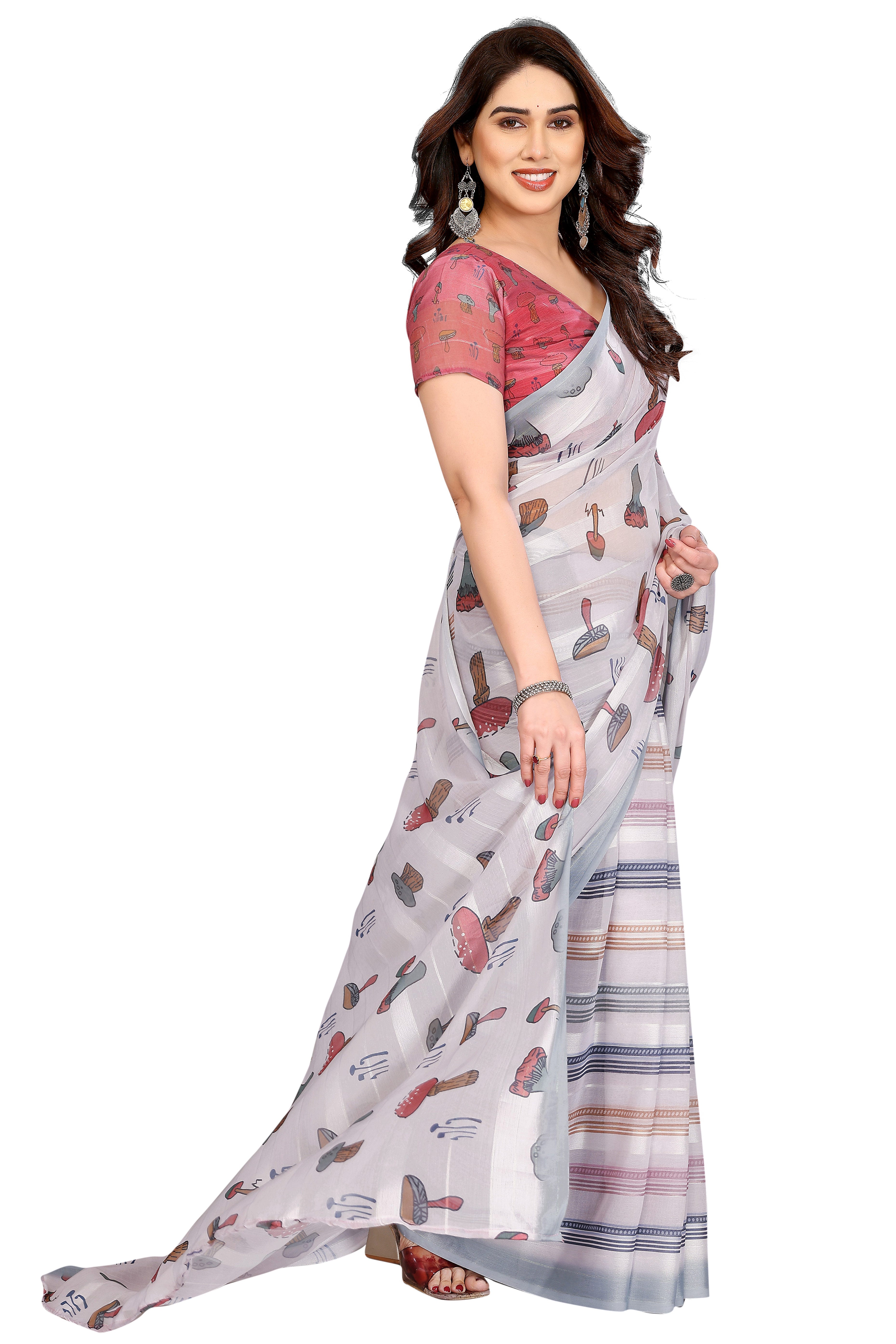 Luxury Offwhite Digital Print Georgette Saree With Subtle Zari Highlights & Vibrant Striped
