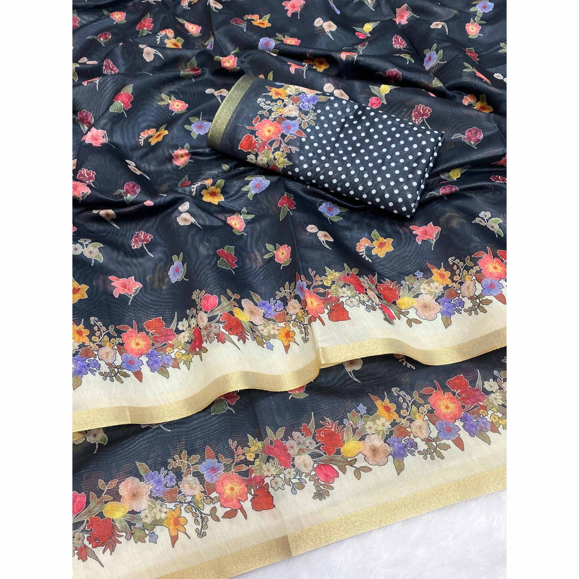 Black Floral Digital Print Chanderi Cotton Saree Enhanced With Charming Zari Weaving Border
