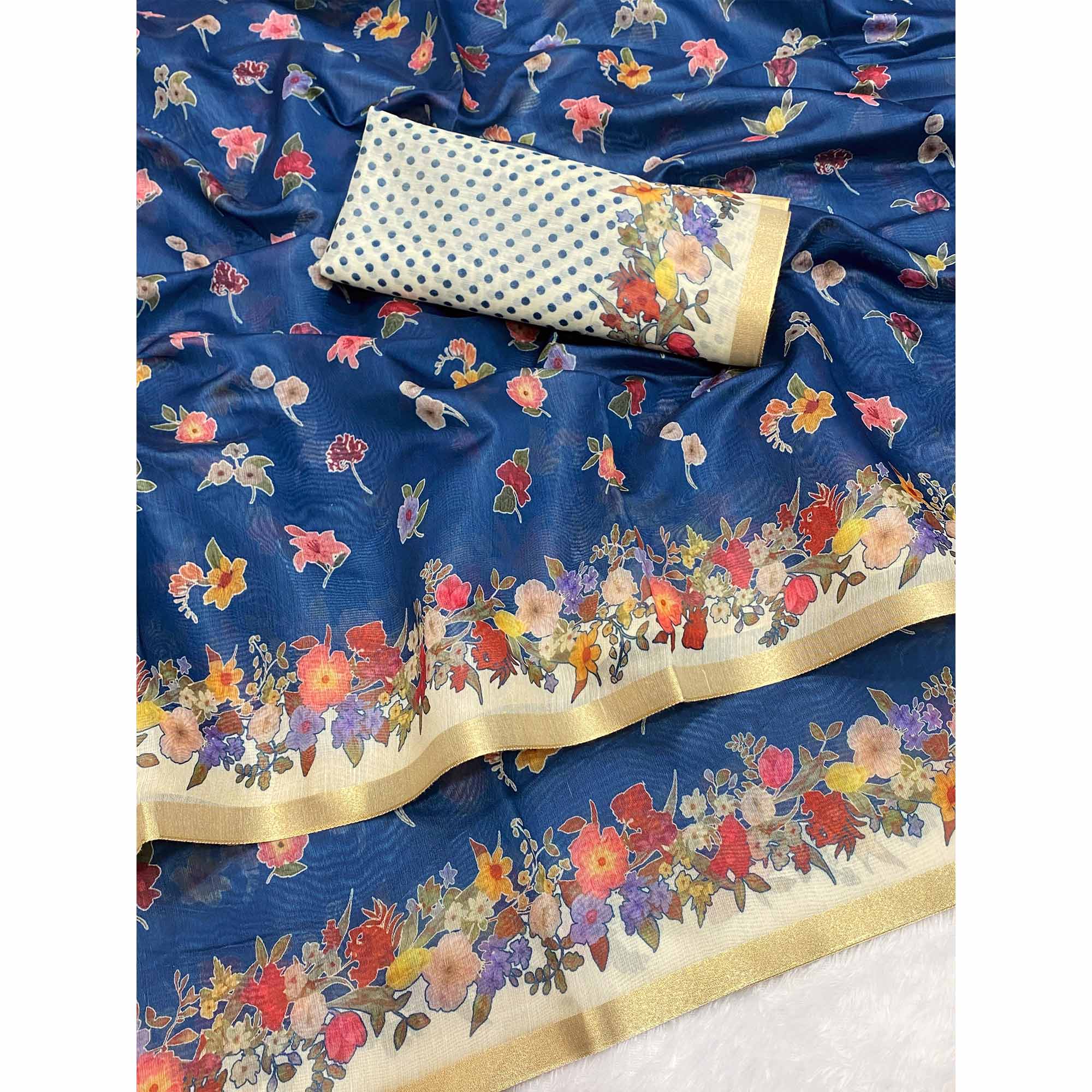 Blue Floral Digital Print Chanderi Cotton Saree Enhanced With Charming Zari Weaving Border