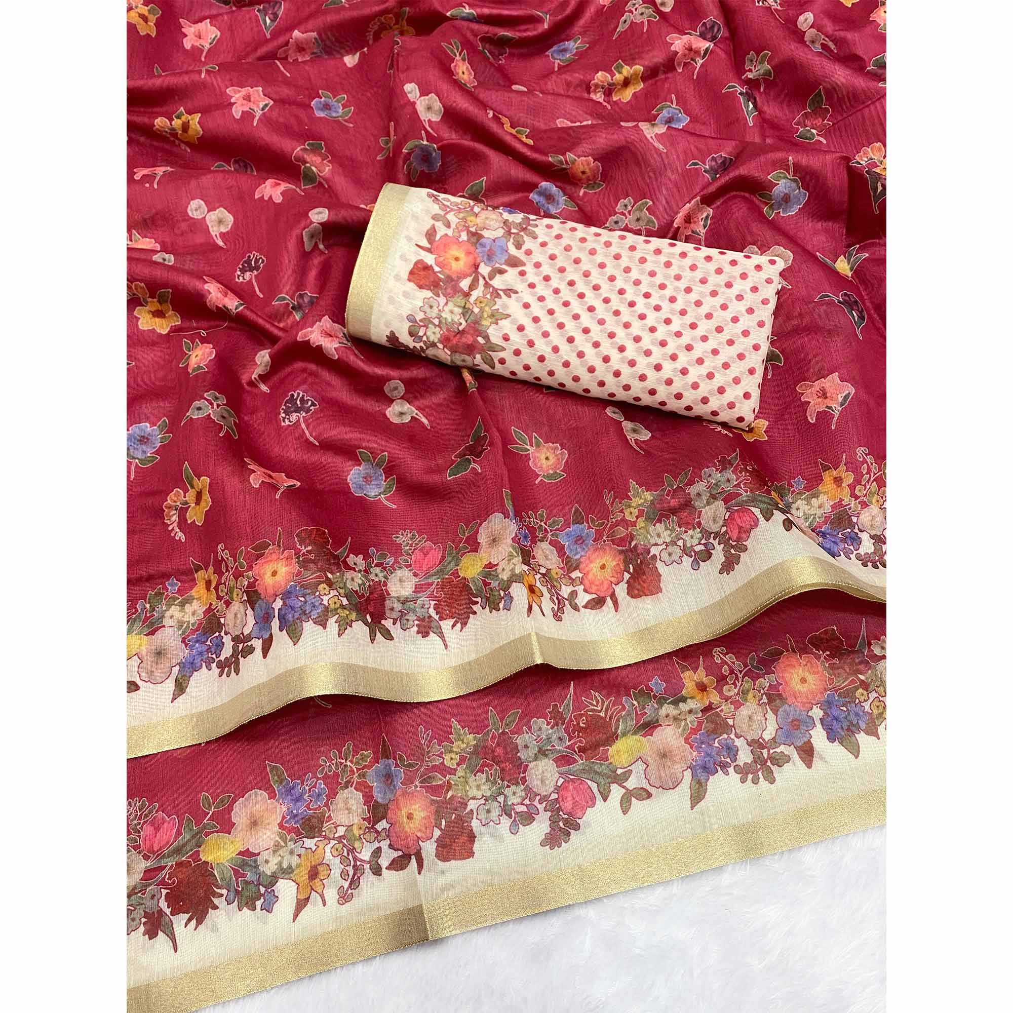 Pink Floral Digital Print Chanderi Cotton Saree Enhanced With Charming Zari Weaving Border