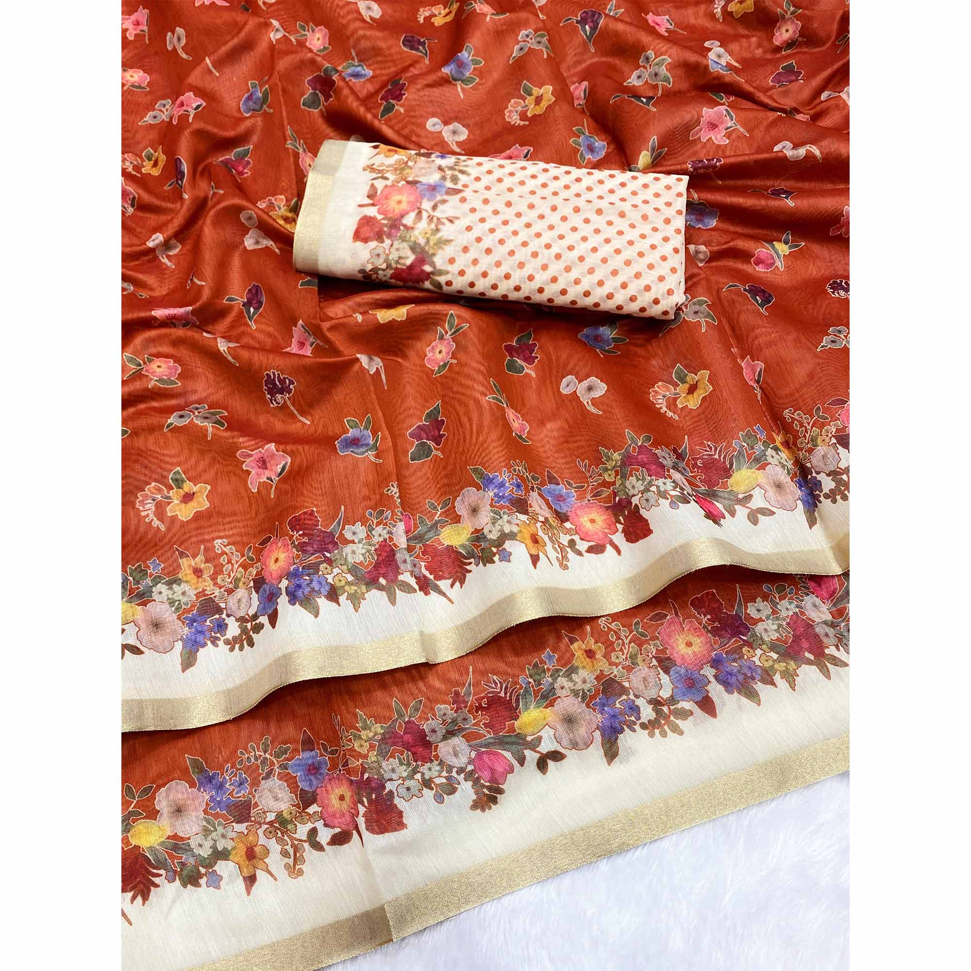 Rust Floral Digital Print Chanderi Cotton Saree Enhanced With Charming Zari Weaving Border