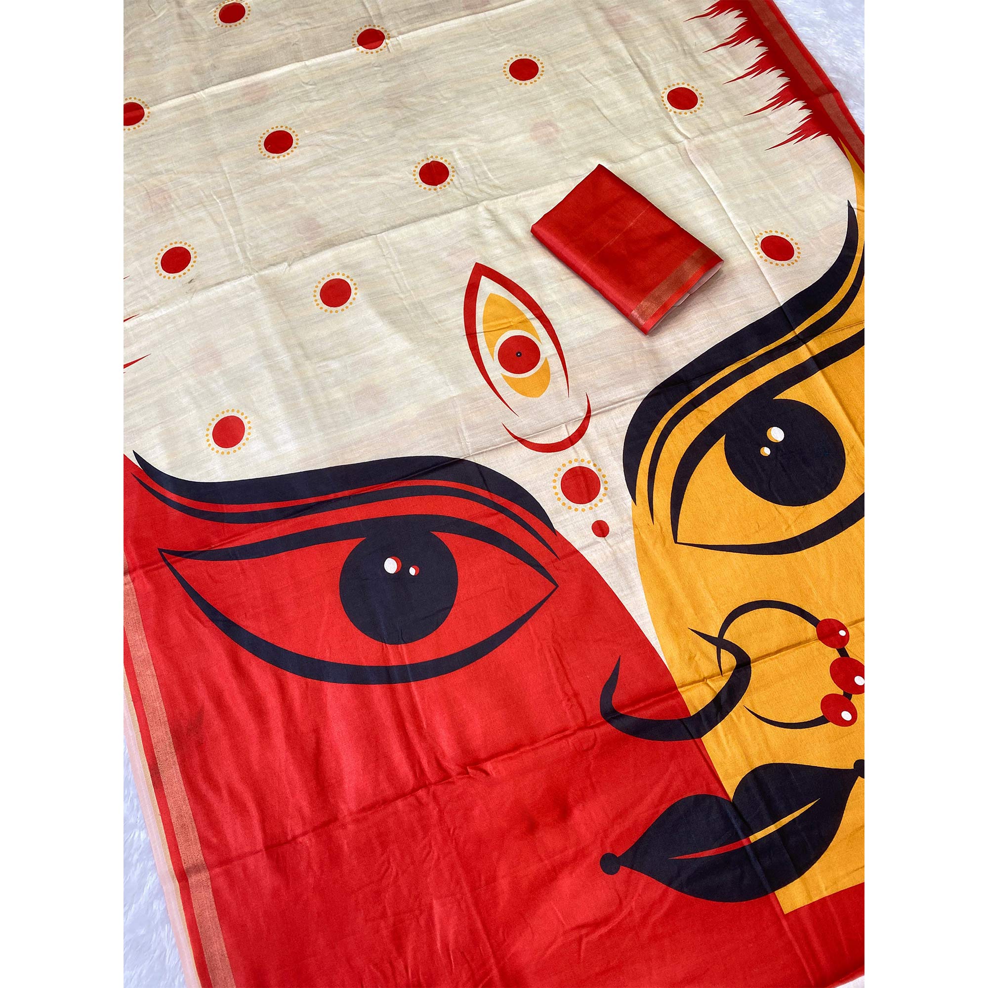 Radiant Offwhite & Red Durga Maa Digital Printed Saree With Sacred Motifs & Contrast Border