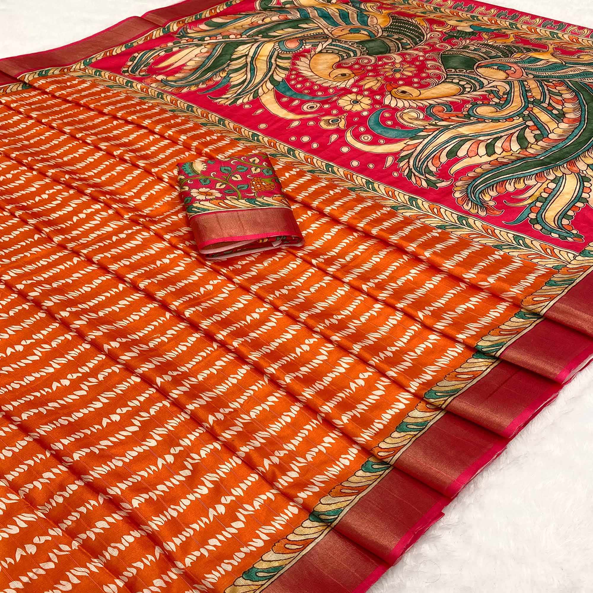 Orange Tusser Art Silk Saree Embellished With Peacock Print & Zari Border Work
