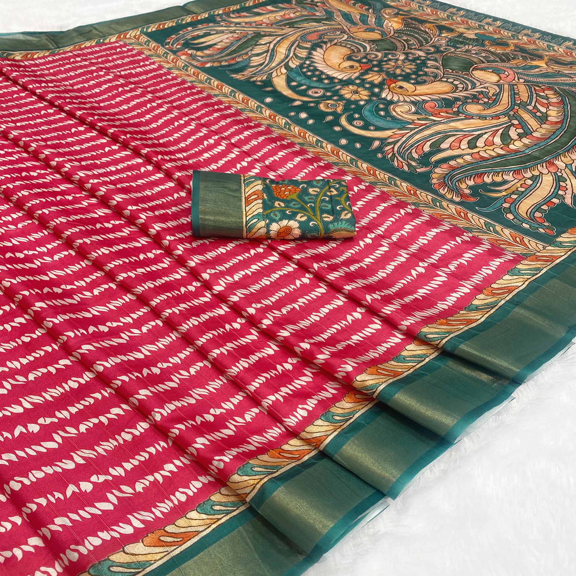 Pink Tusser Art Silk Saree Embellished With Peacock Print & Zari Border Work