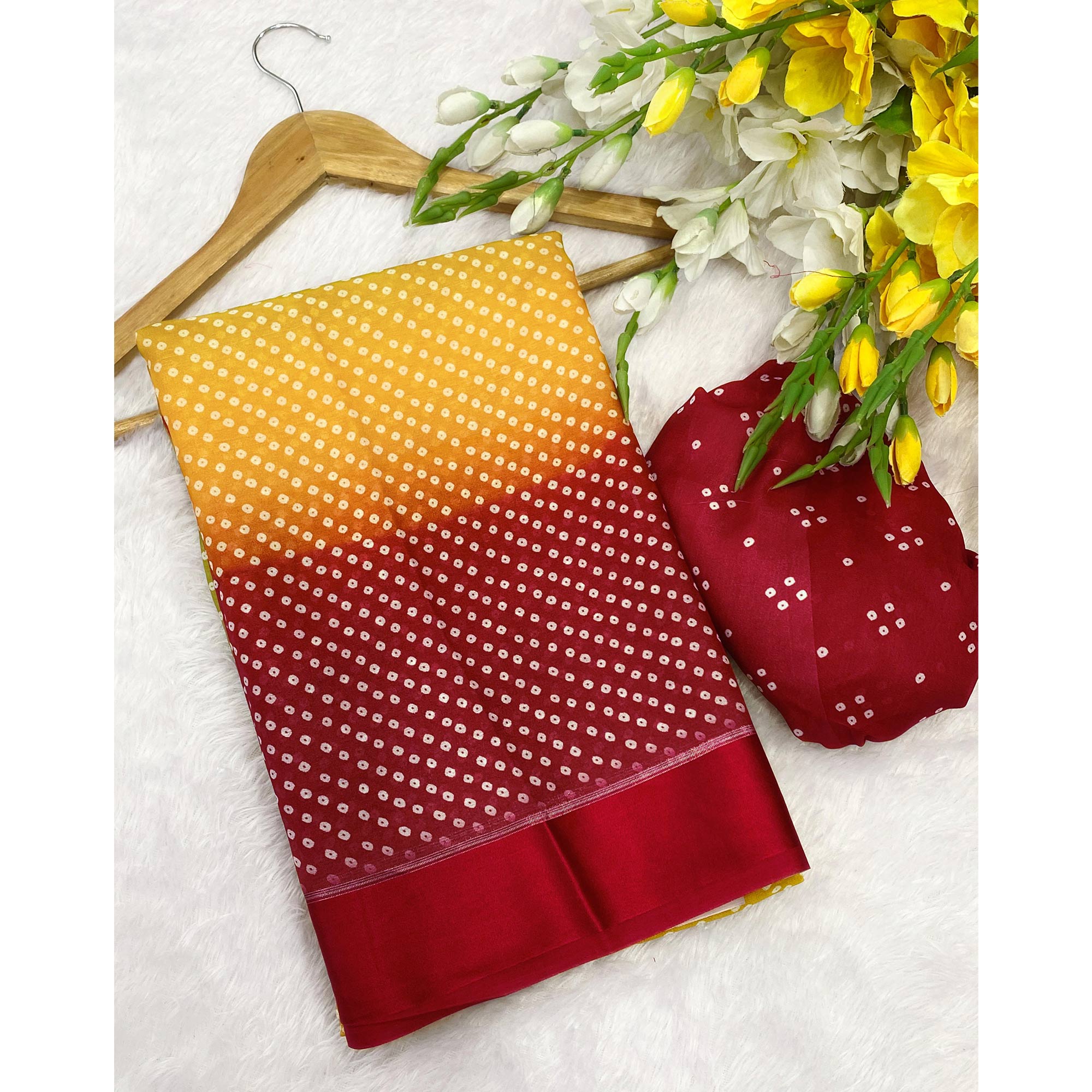 Designer Bandhani Saree in Yellow & Red Crafted from Soft Moss Georgette