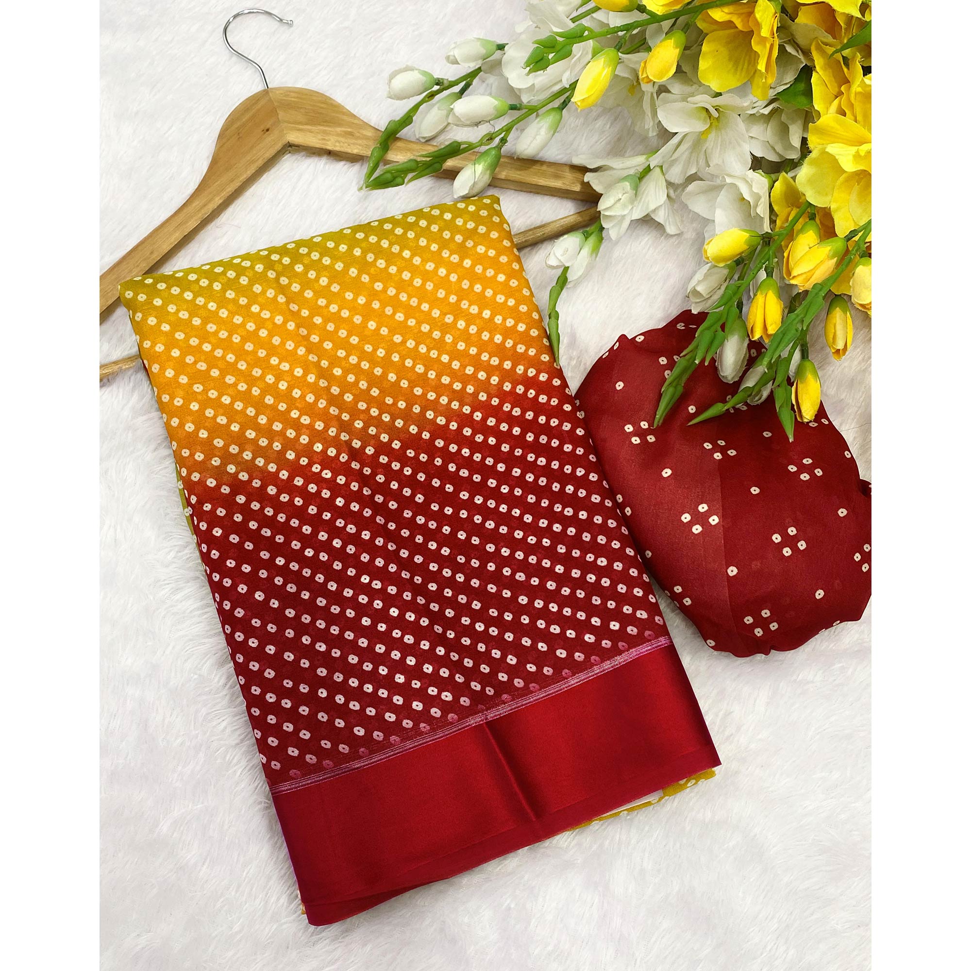 Designer Bandhani Saree in Green & Red Crafted from Soft Moss Georgette