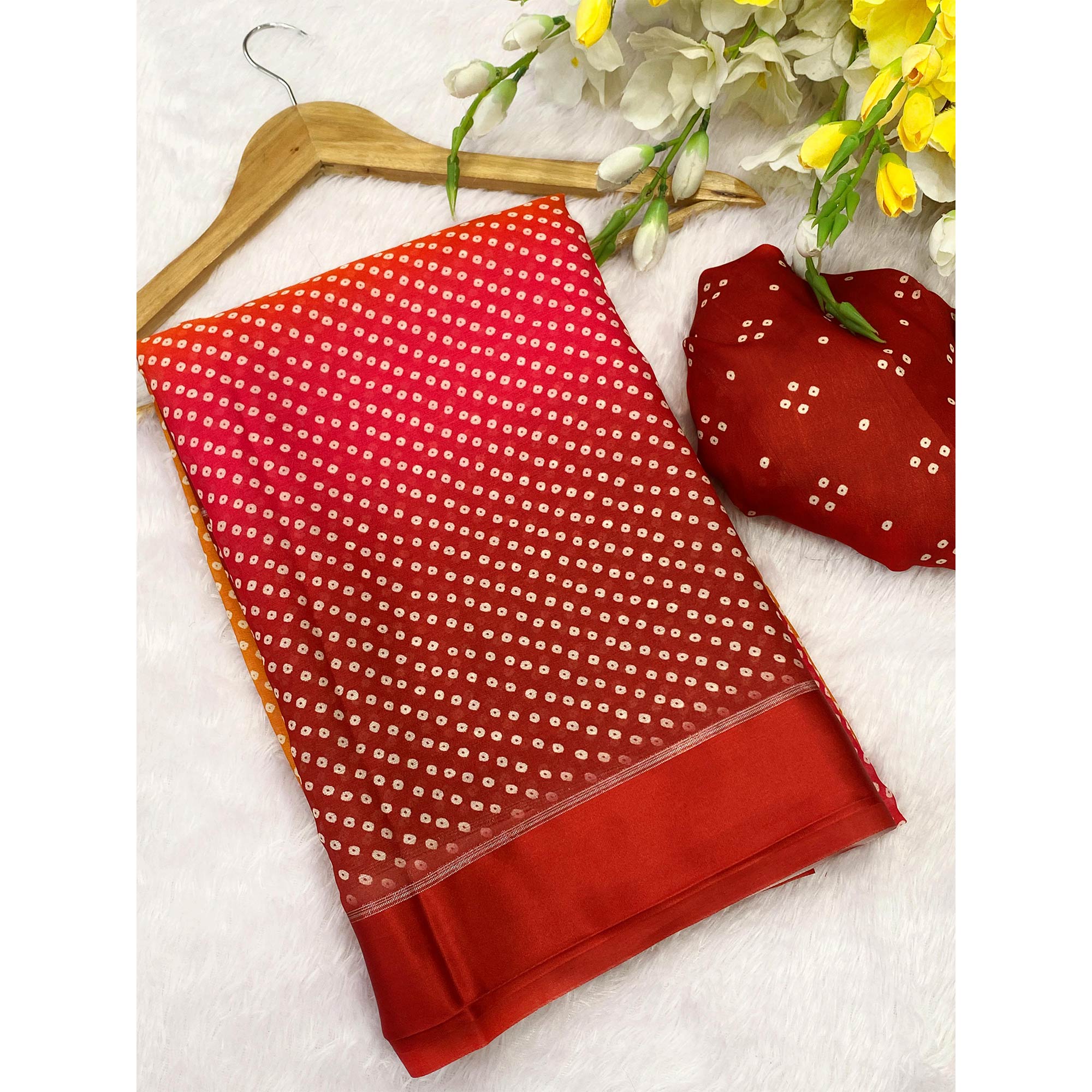 Designer Bandhani Saree in Mustard & Red Crafted from Soft Moss Georgette