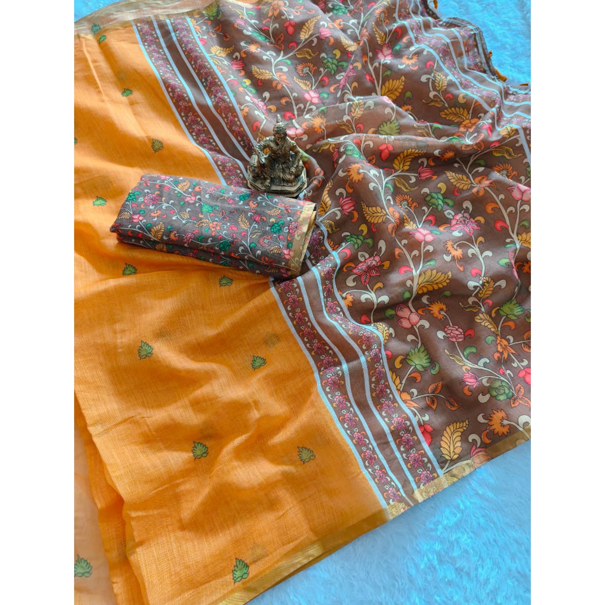 Minimalist Mustard Linen Cotton Saree with Elegant Printed Patterns