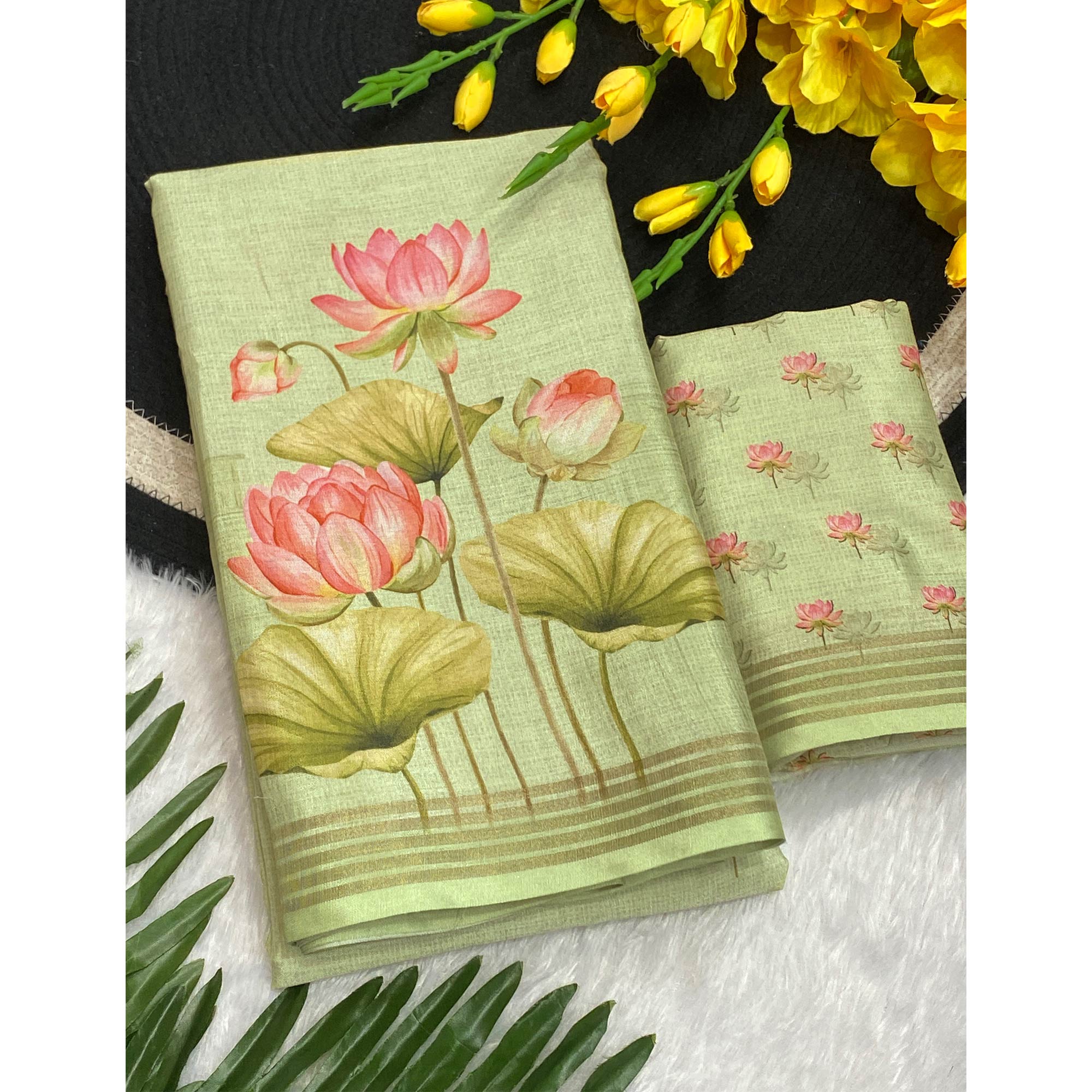 Green Cotton Blend Tusser Saree Adorned With Radha Krishna & Floral Print With Zari Border