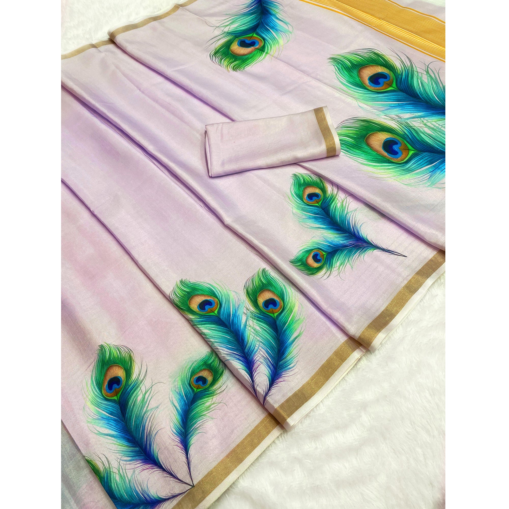 Charming Lavender Soft Tussar Cotton Silk Saree With Peacock Feathers Print