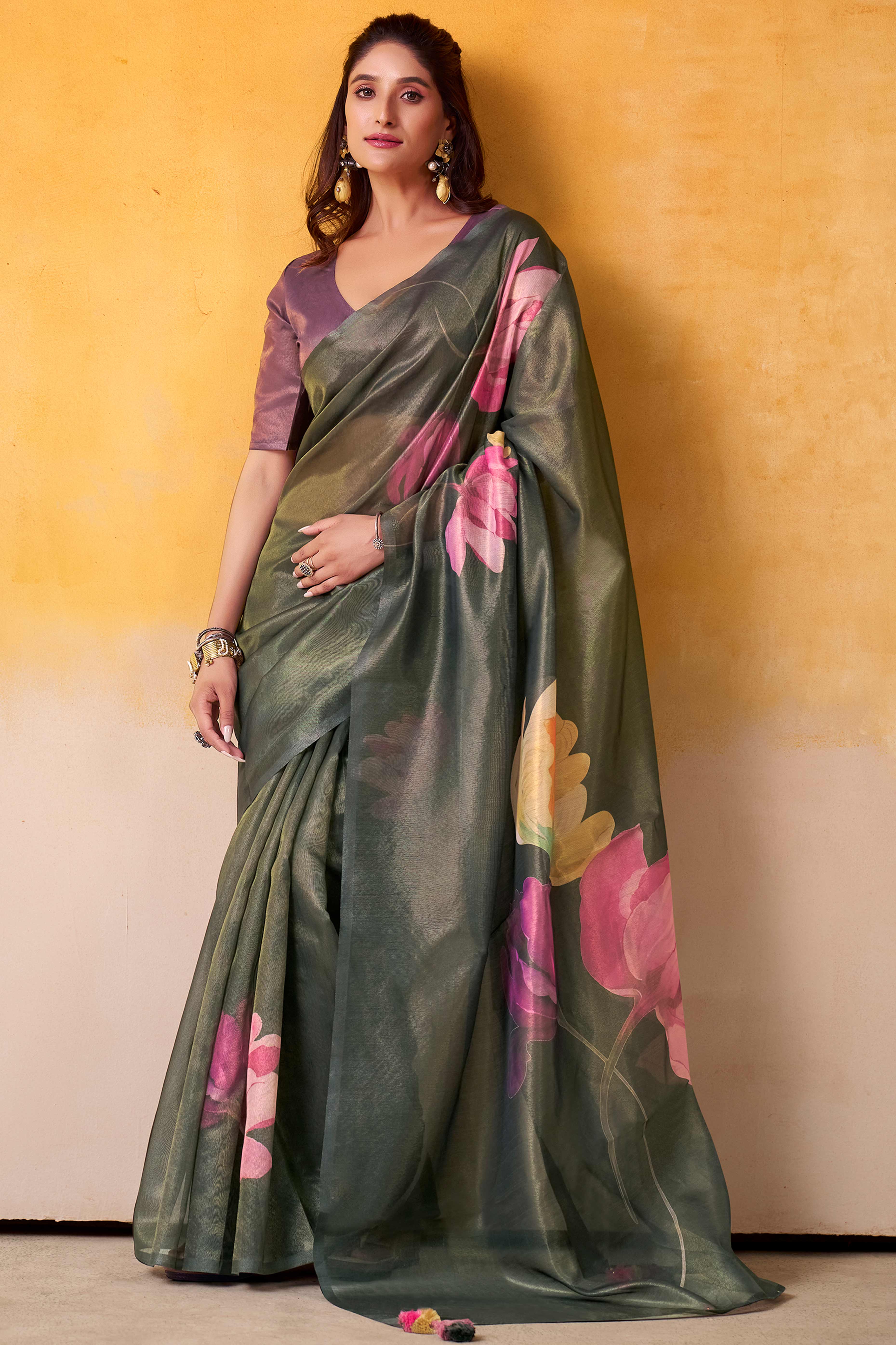 Sophisticated Black Floral Digital Print Tissue Saree Enhanced With Handmade Tassels