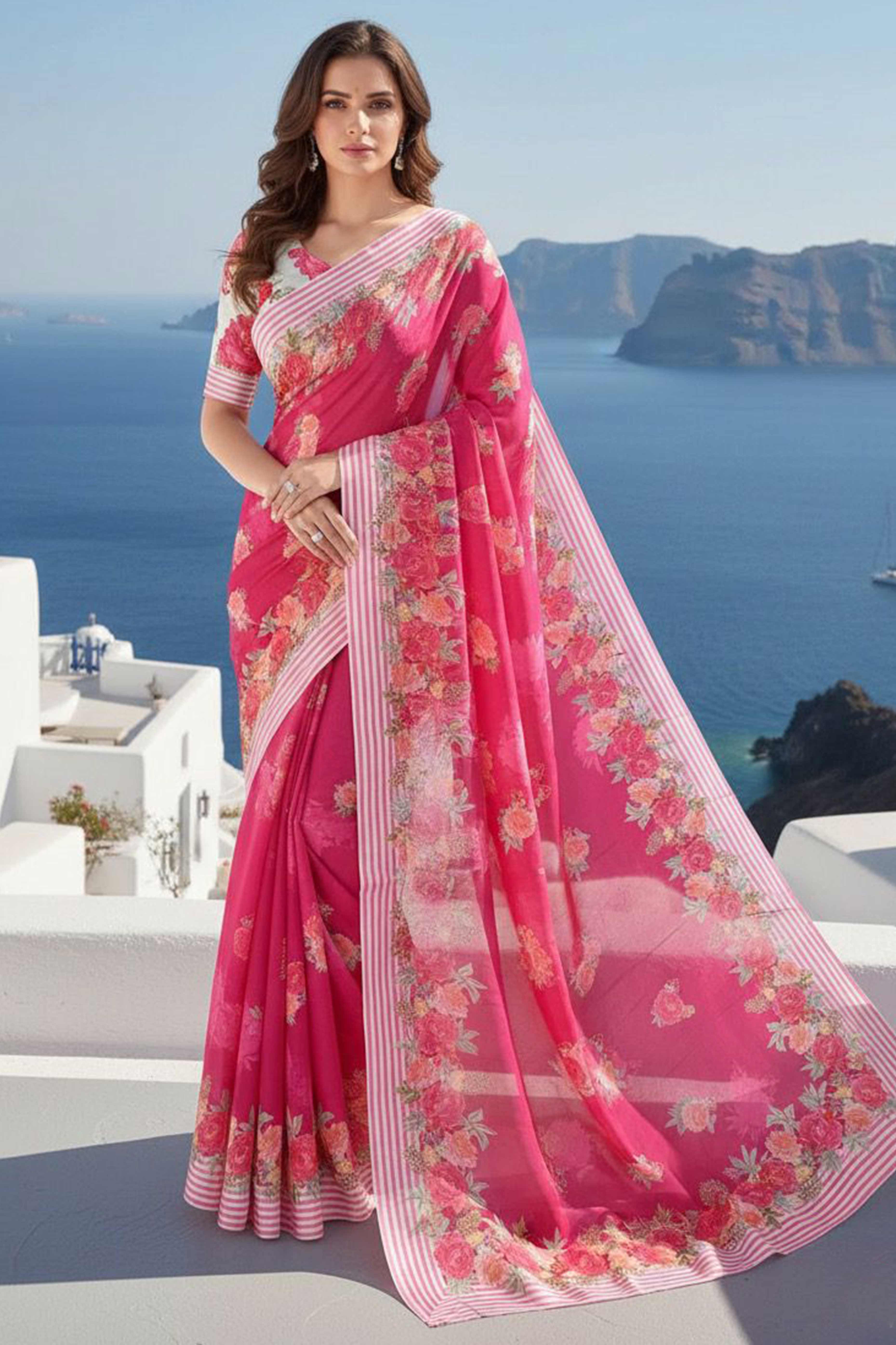 Vibrant Rani Pink Georgette Saree Adorned with Floral Digital Print & Satin Border