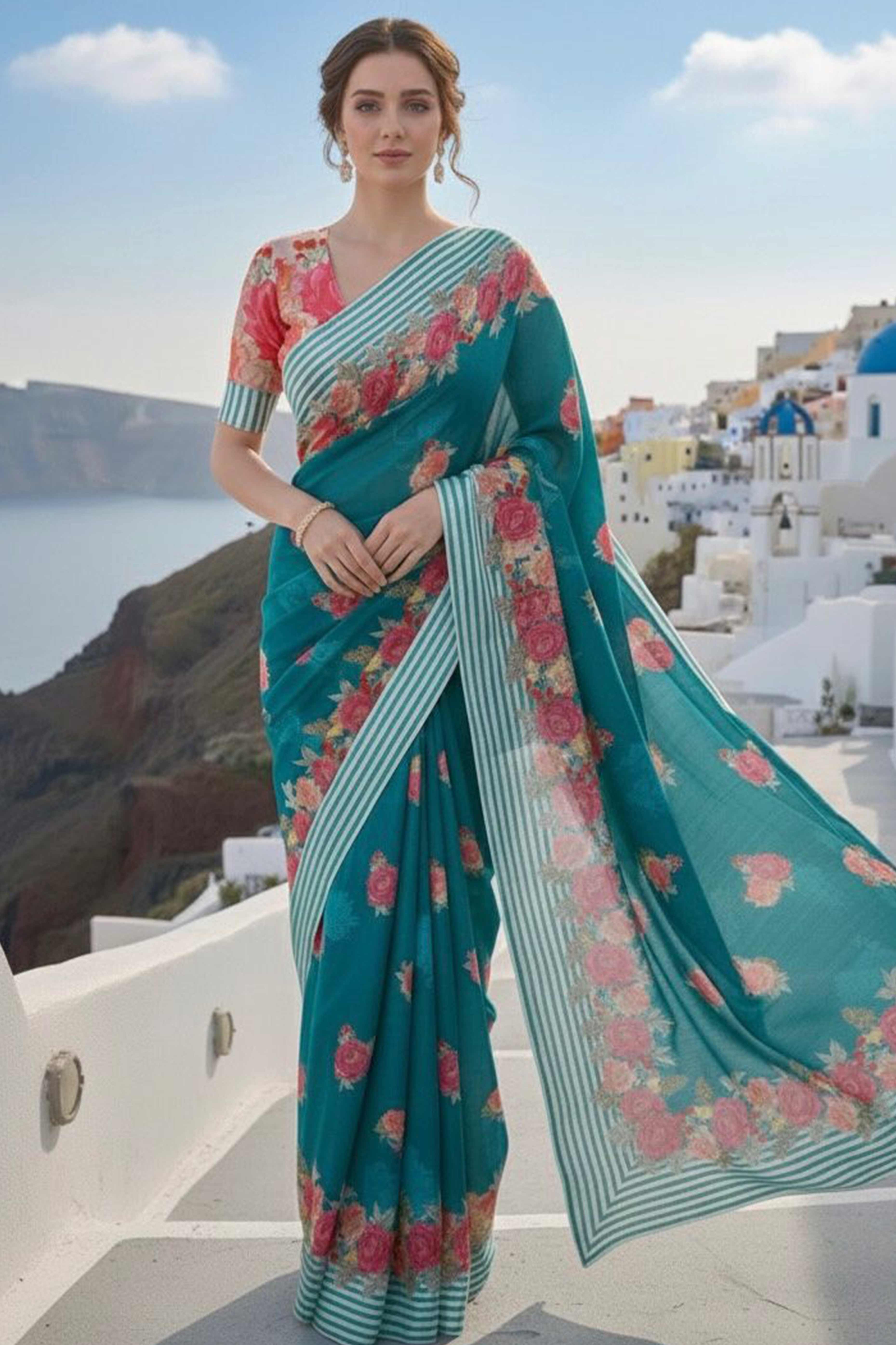 Vibrant Teal Georgette Saree Adorned with Floral Digital Print & Satin Border