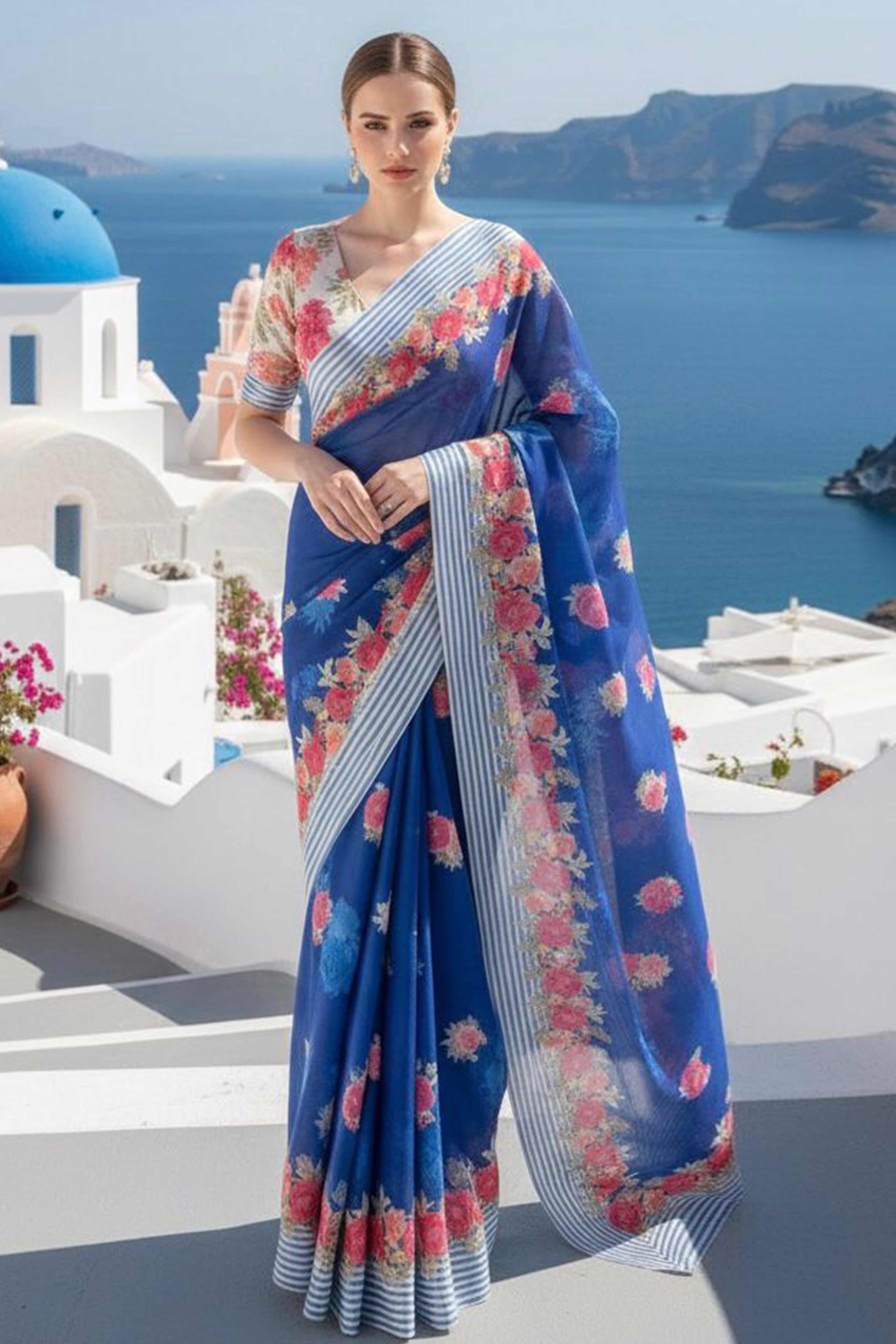 Vibrant Royal Blue Georgette Saree Adorned with Floral Digital Print & Satin Border