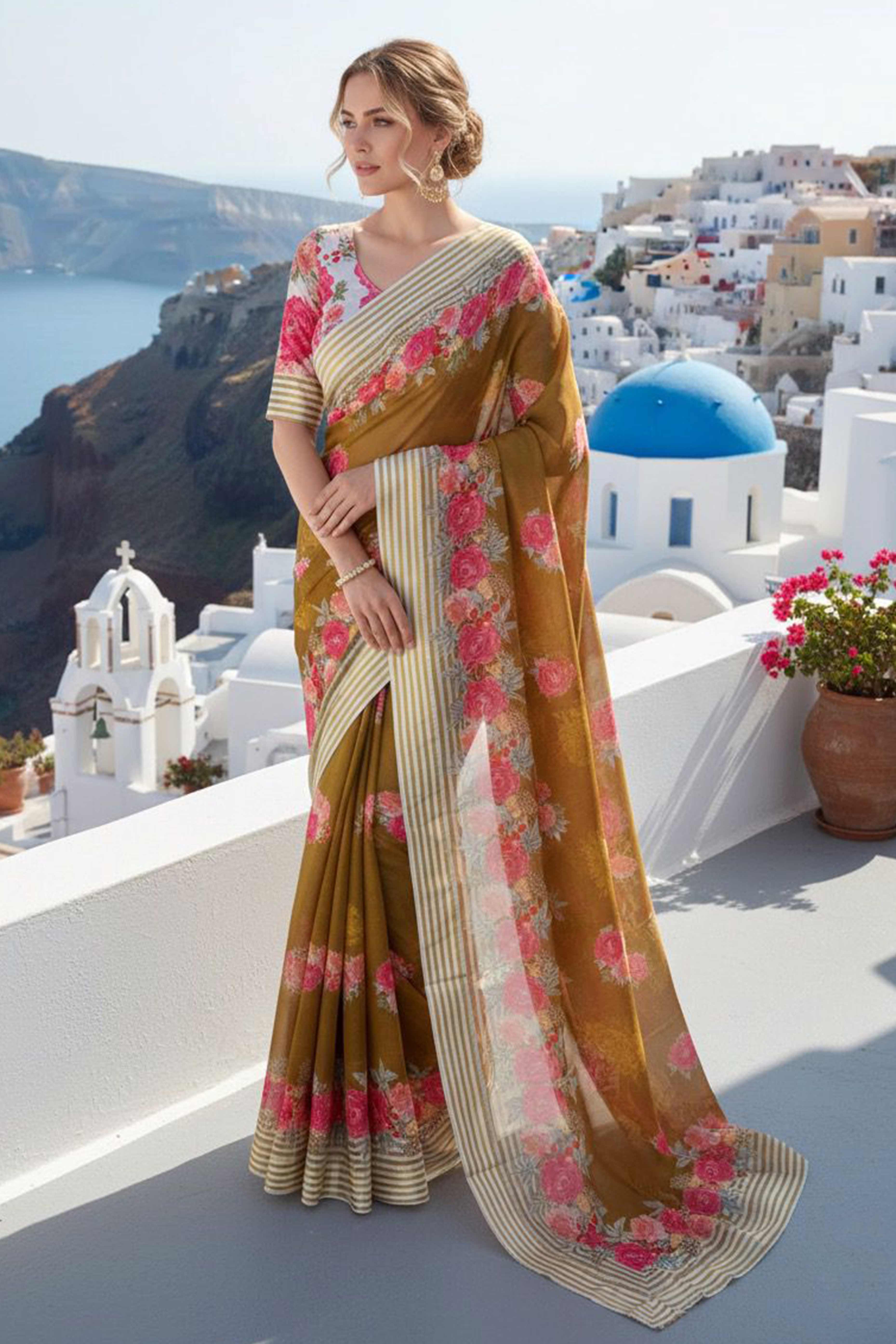Vibrant Dark Mustard Georgette Saree Adorned with Floral Digital Print & Satin Border