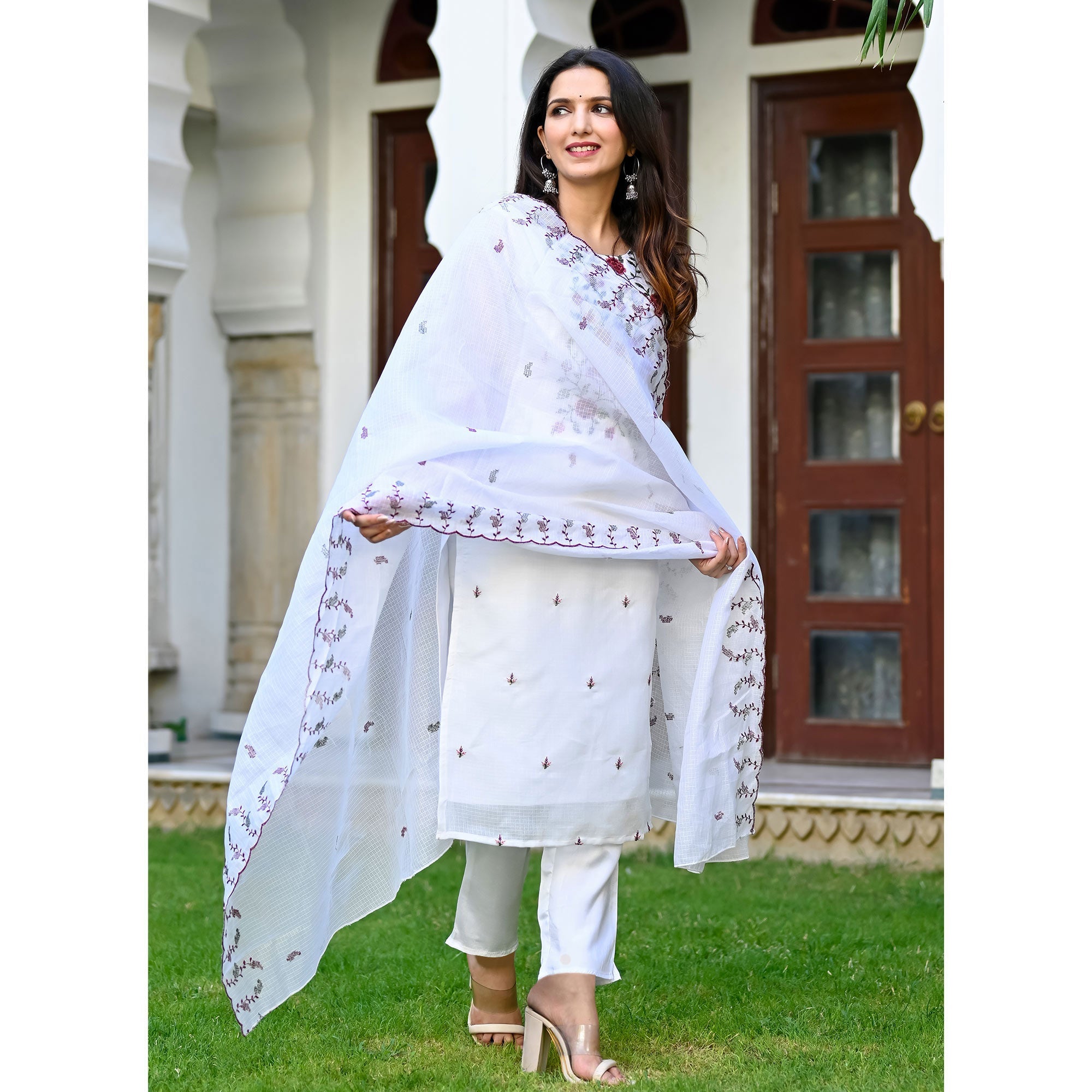 White Floral Sequins Embroidered Kota Doria Salwar Suit