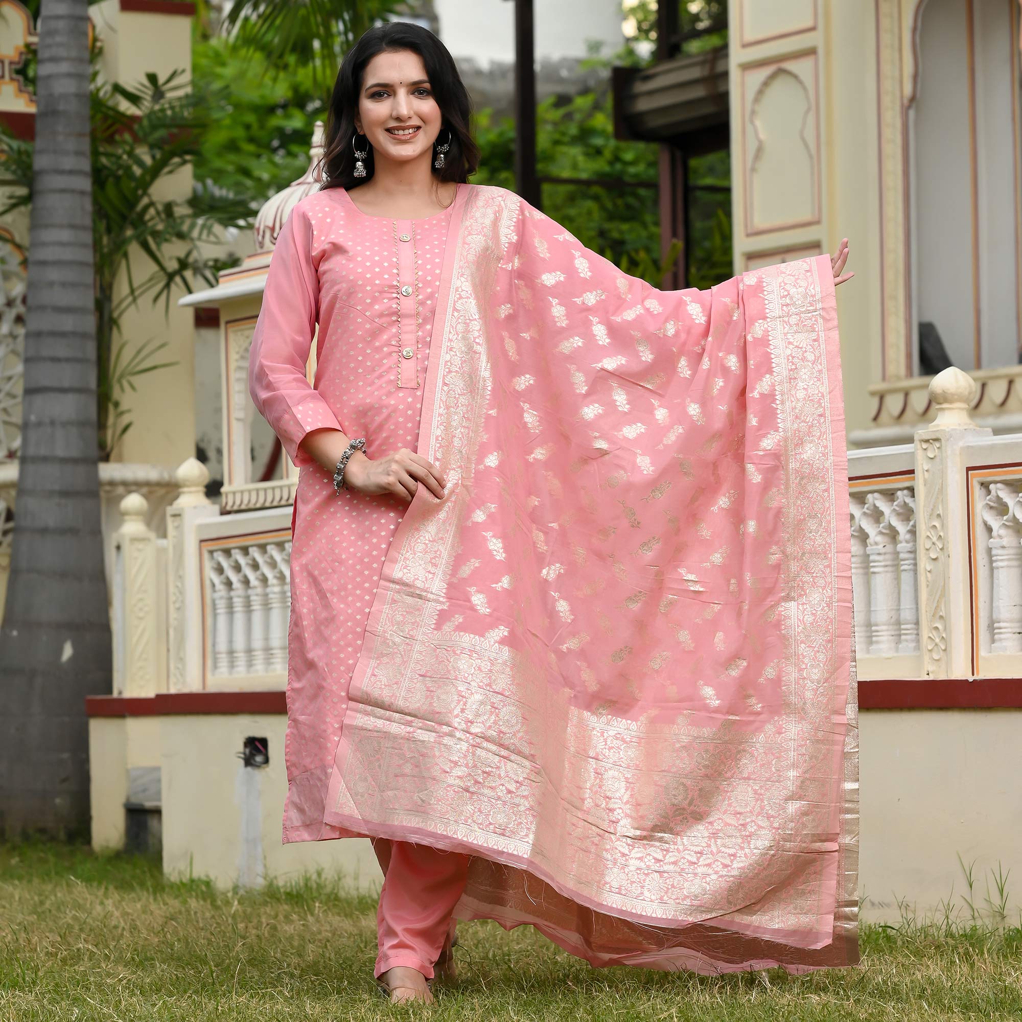 Pink Woven Banarasi Silk Salwar Suit