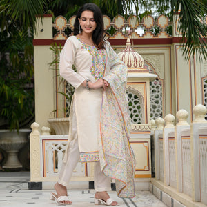 White Floral Embroidered Chanderi Dress Material