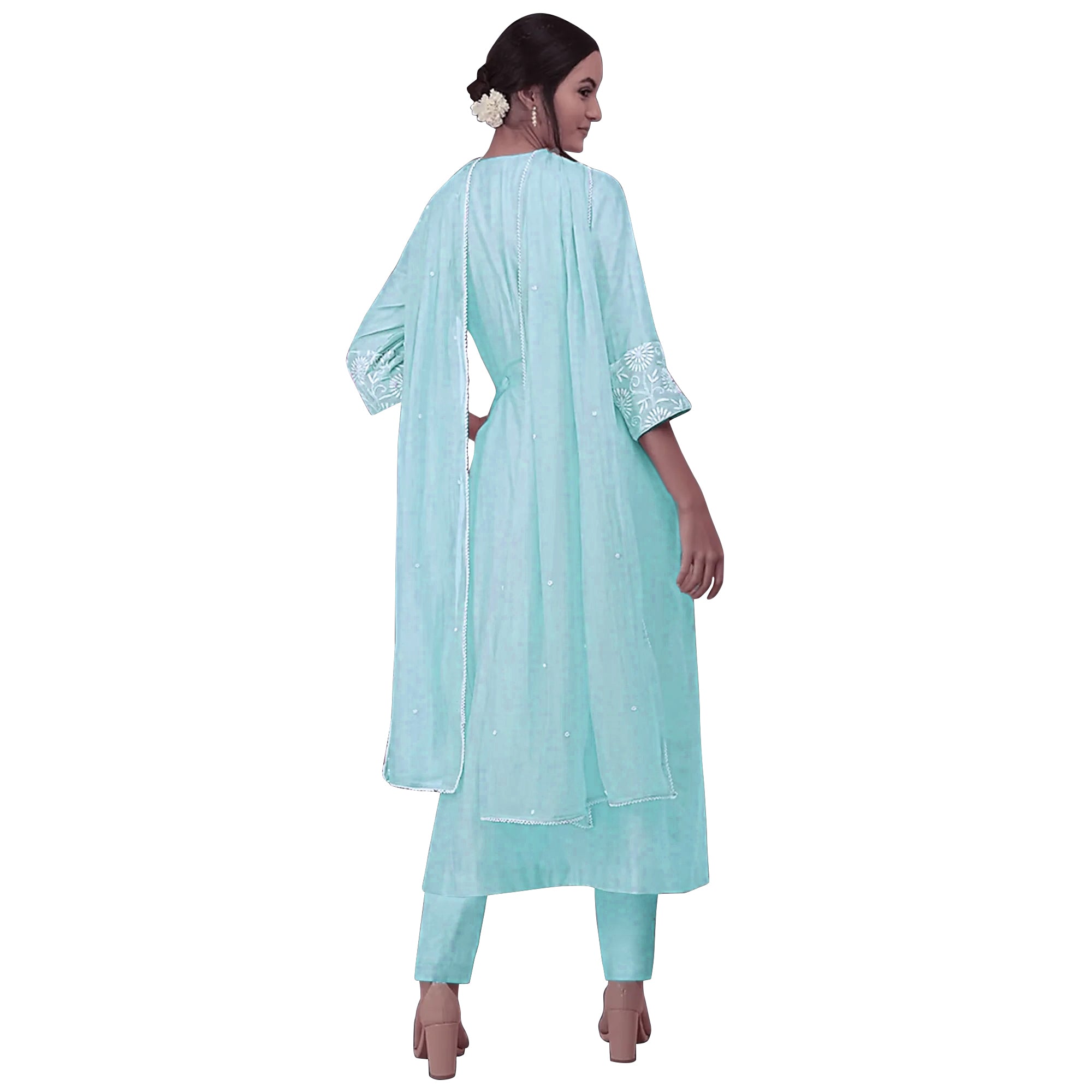 Sea Blue Floral Embroidered Viscose Suit