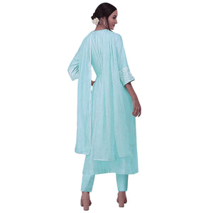 Sea Blue Floral Embroidered Viscose Suit