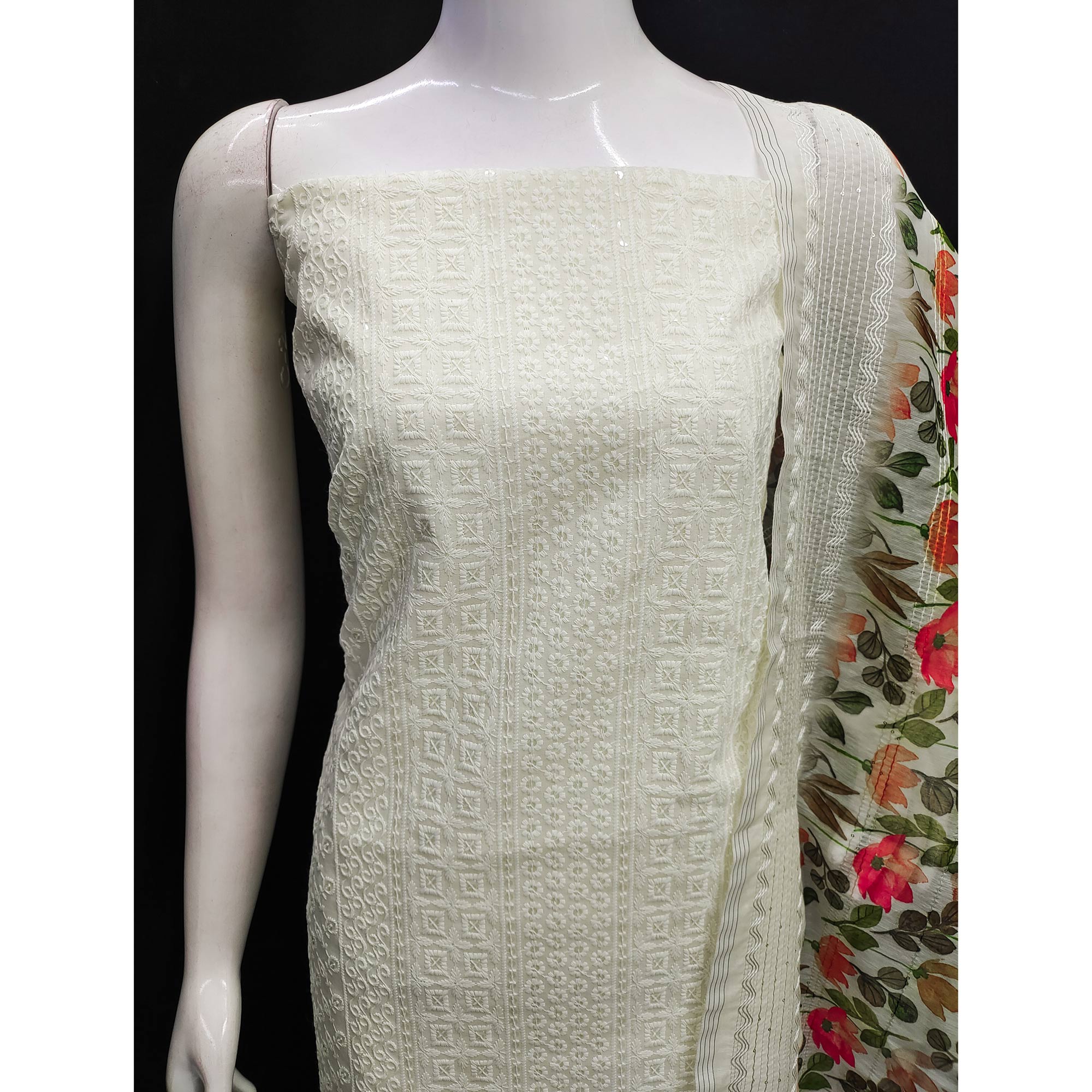 White Sequins Embroidered Cotton Blend Dress Material