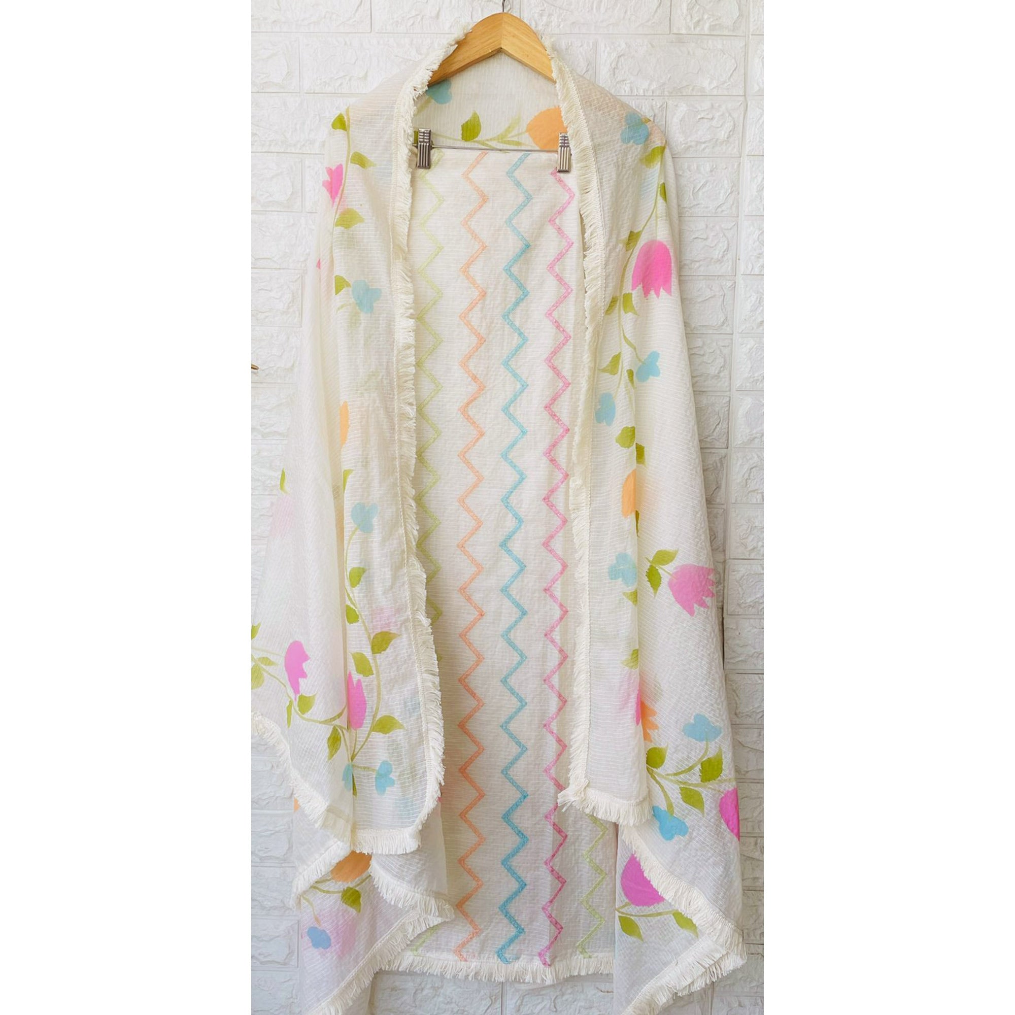 Off White Printed Kota Doria Dress Material
