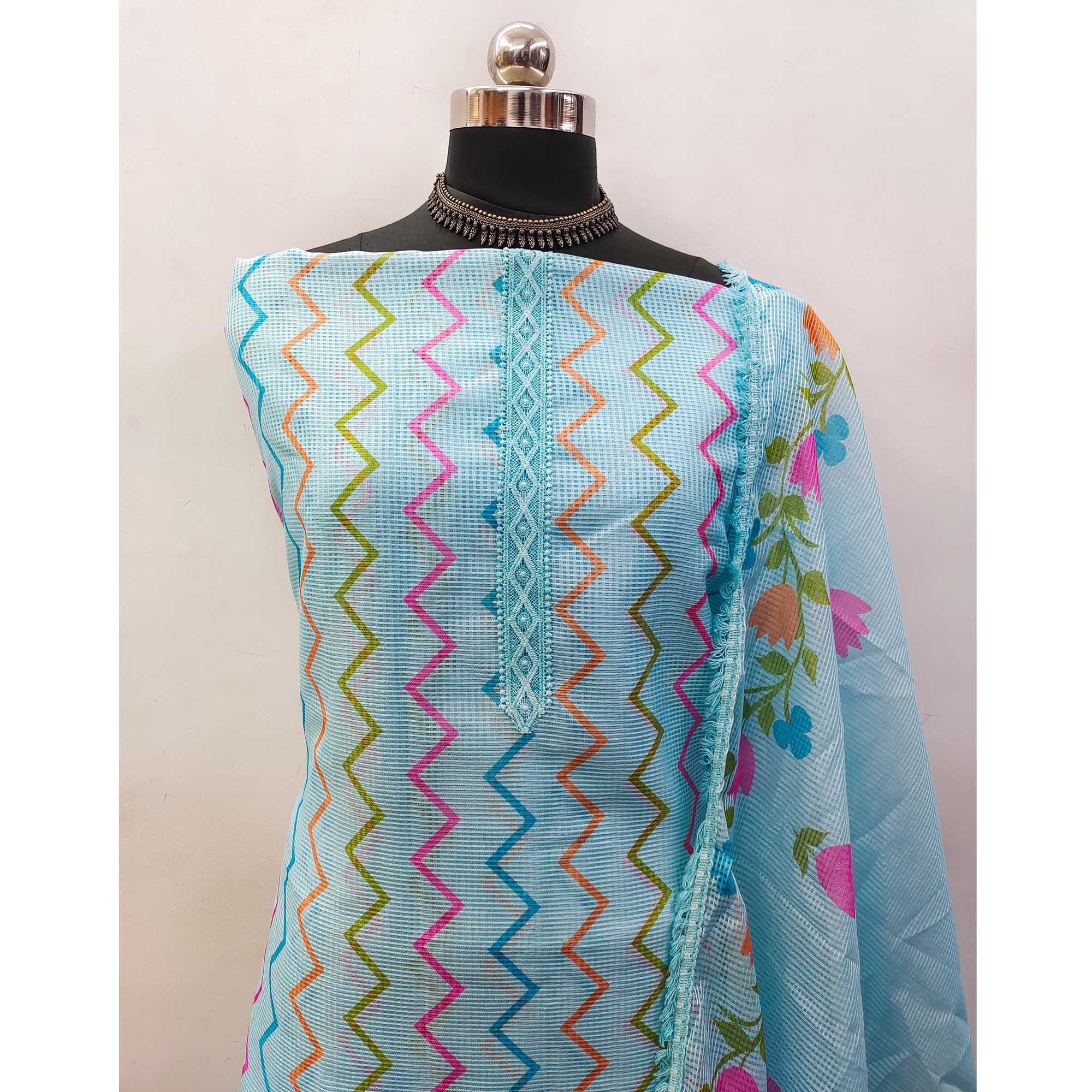 Turquoise Printed Kota Doria Dress Material