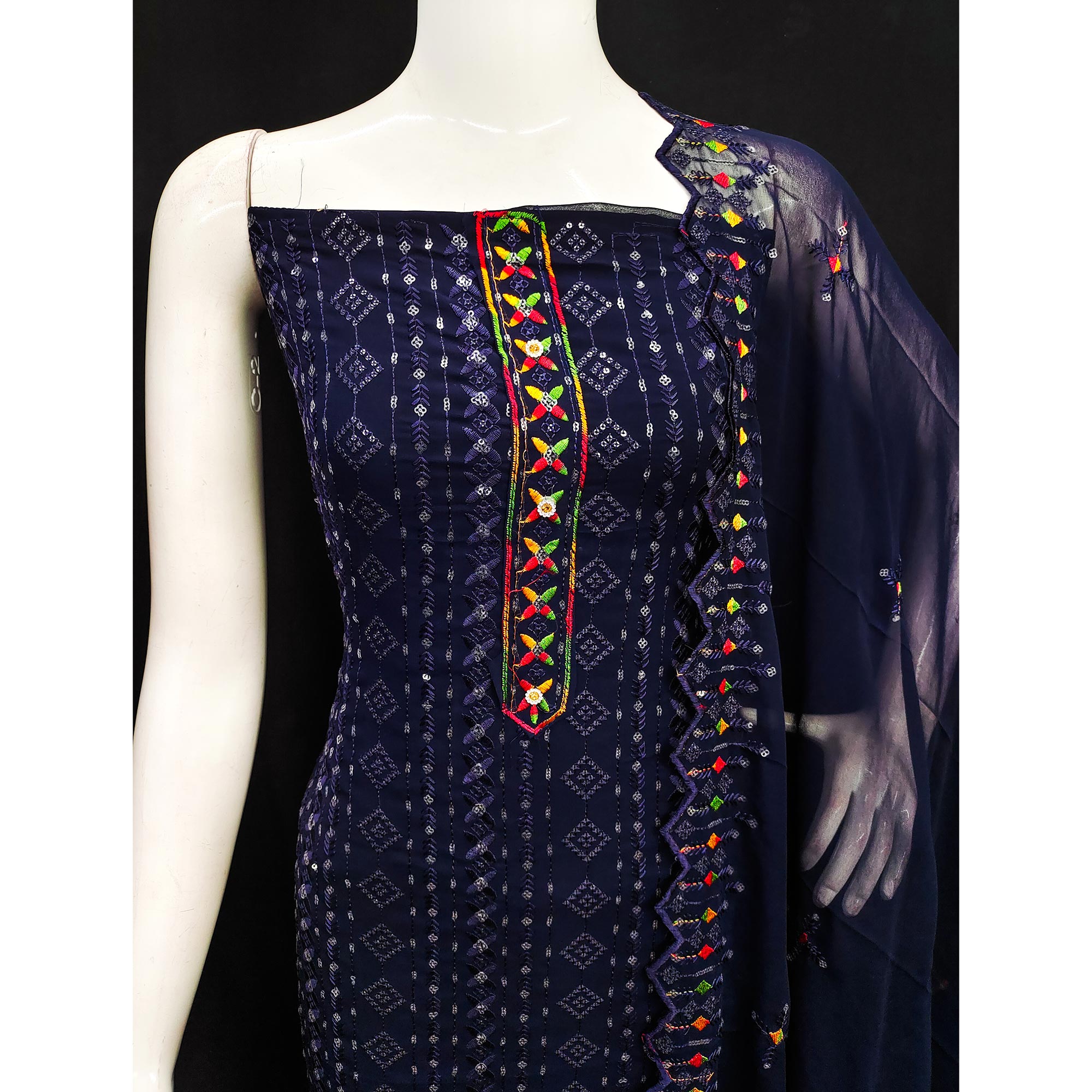 Blue Sequins Embroidered Georgette Dress Material