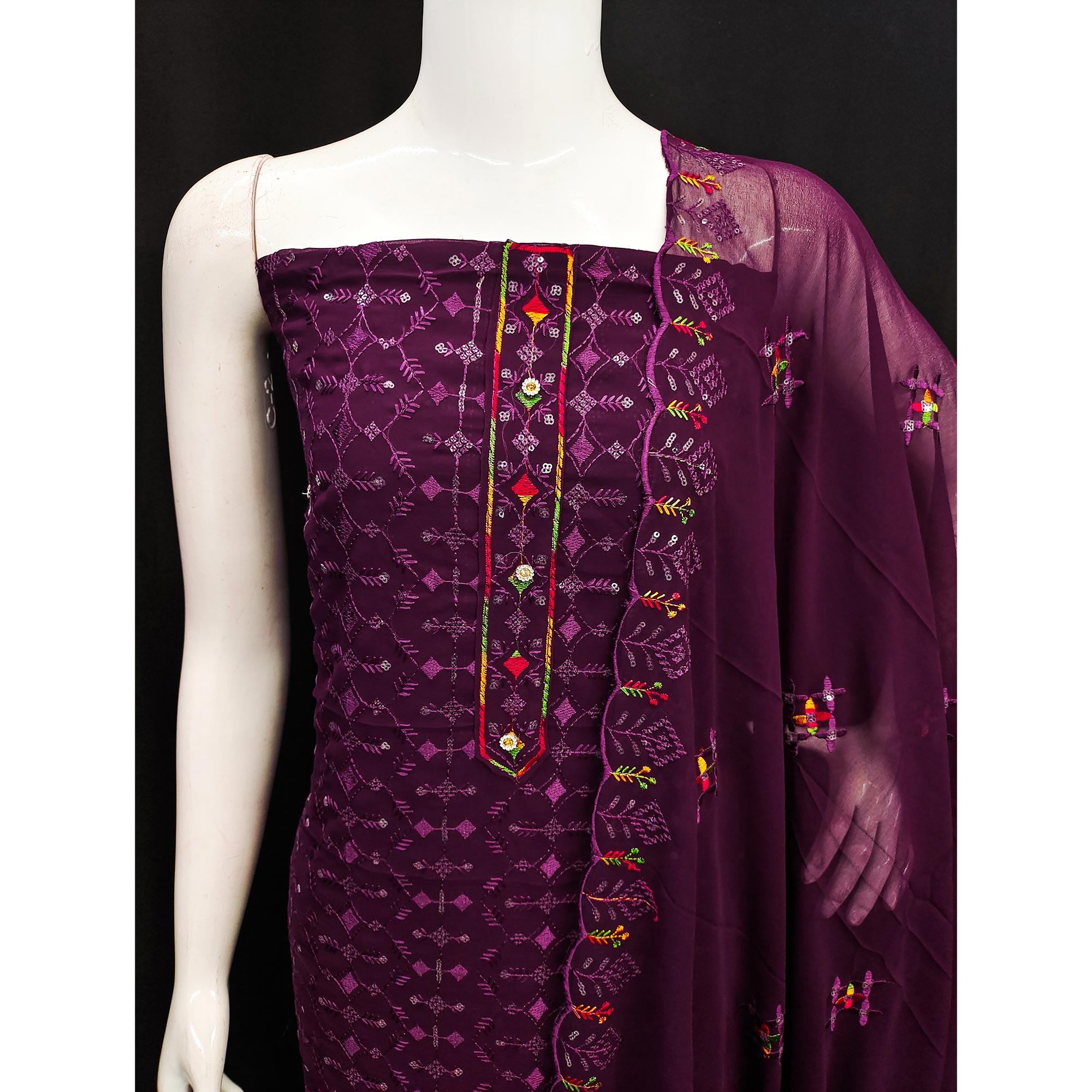 Purple Sequins Embroidered Georgette Dress Material