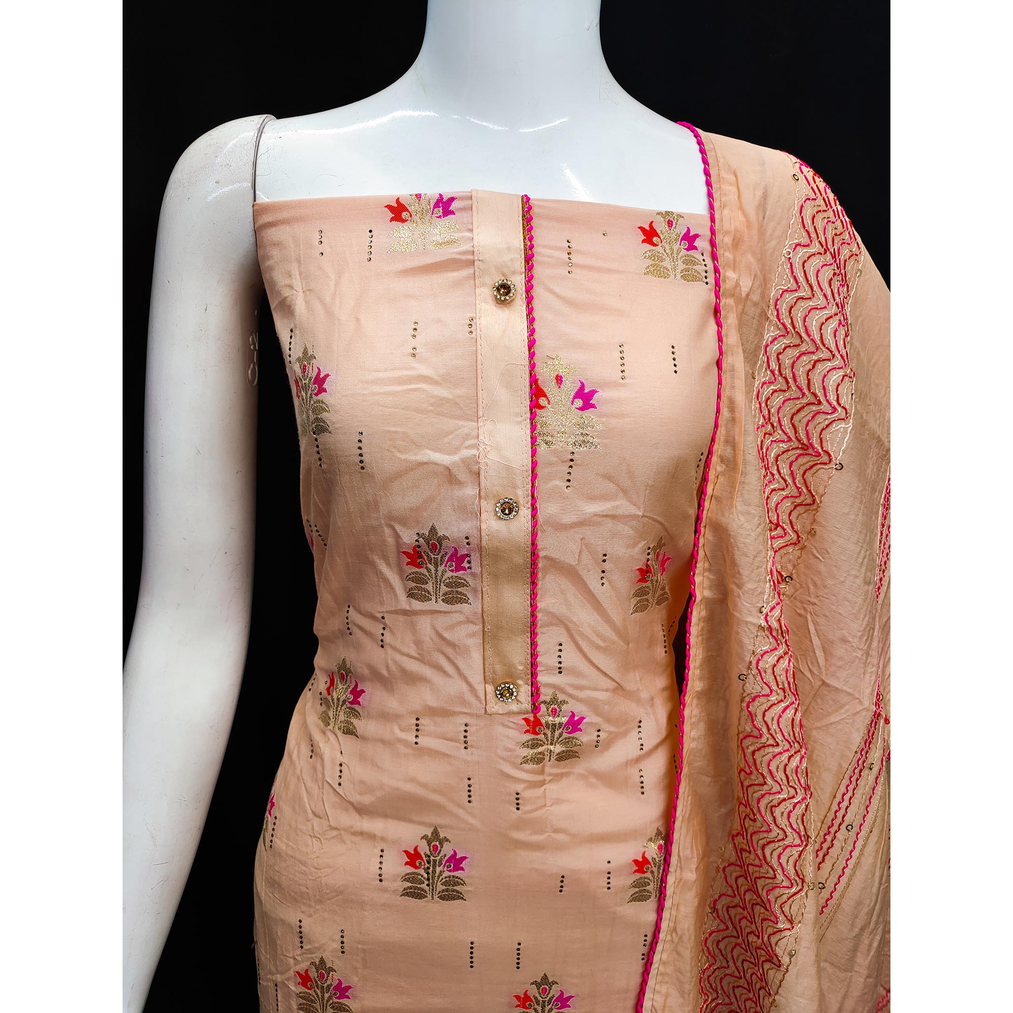 Peach Woven Banarasi Silk Dress Material