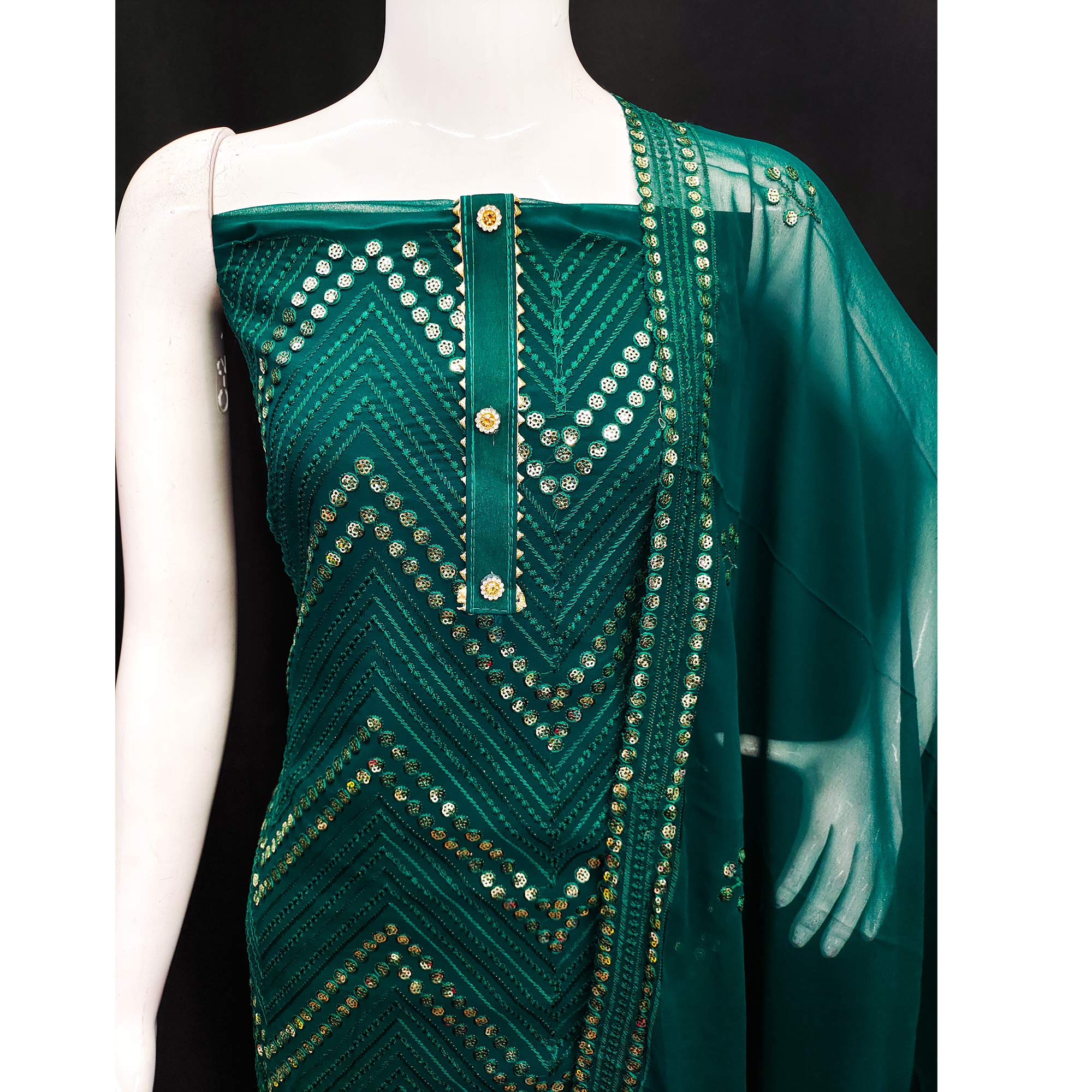 Green Sequins Embroidered Georgette Dress Material
