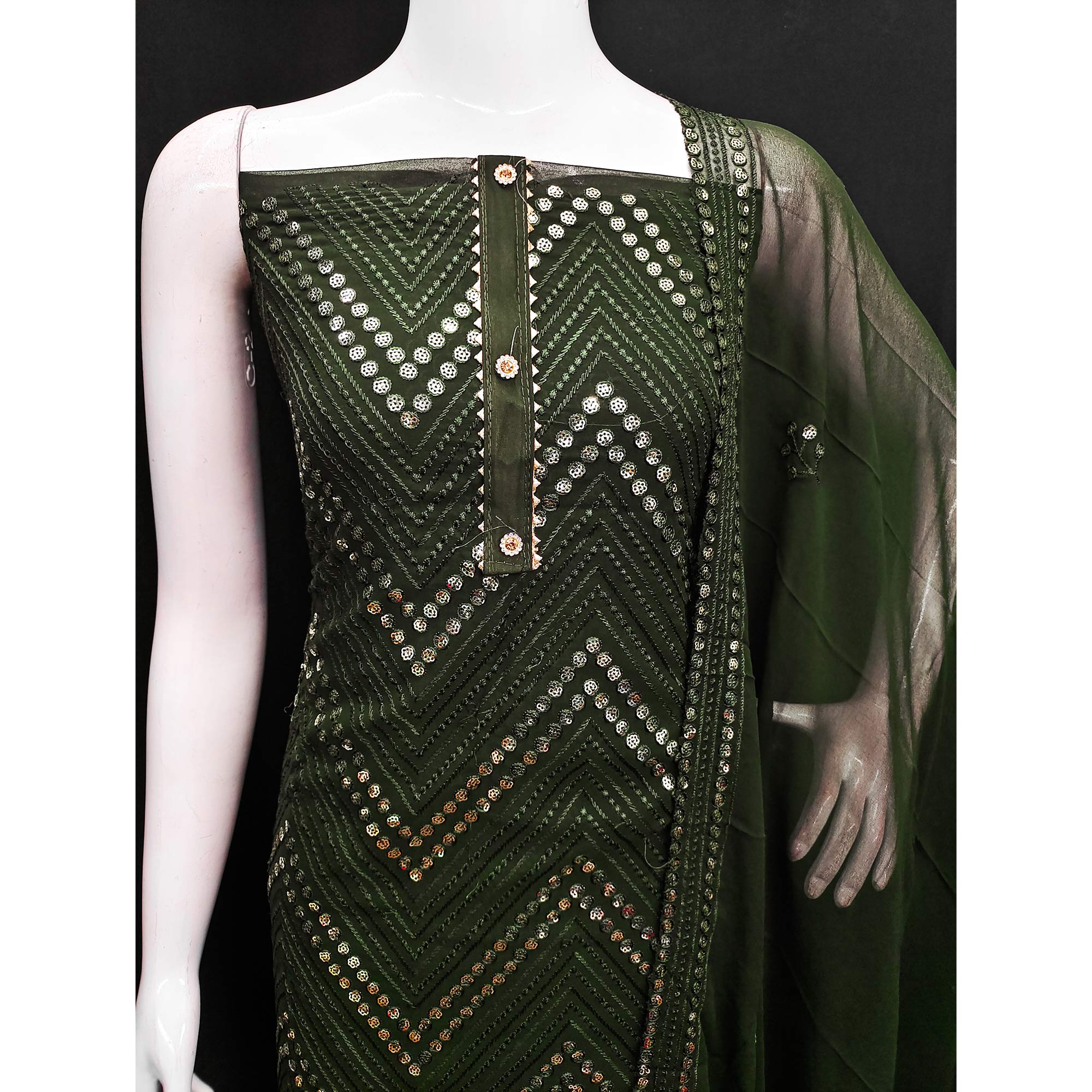 Mehendi Green Sequins Embroidered Georgette Dress Material