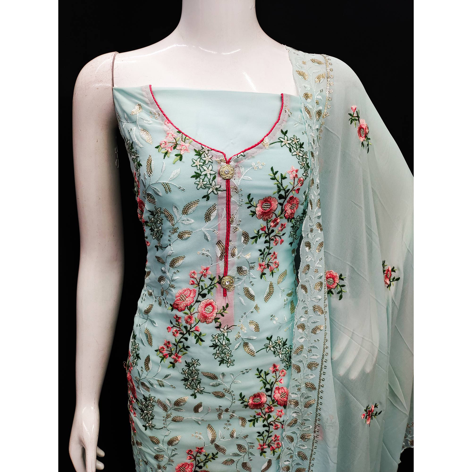 Blue Sequins Embroidered Georgette Dress Material