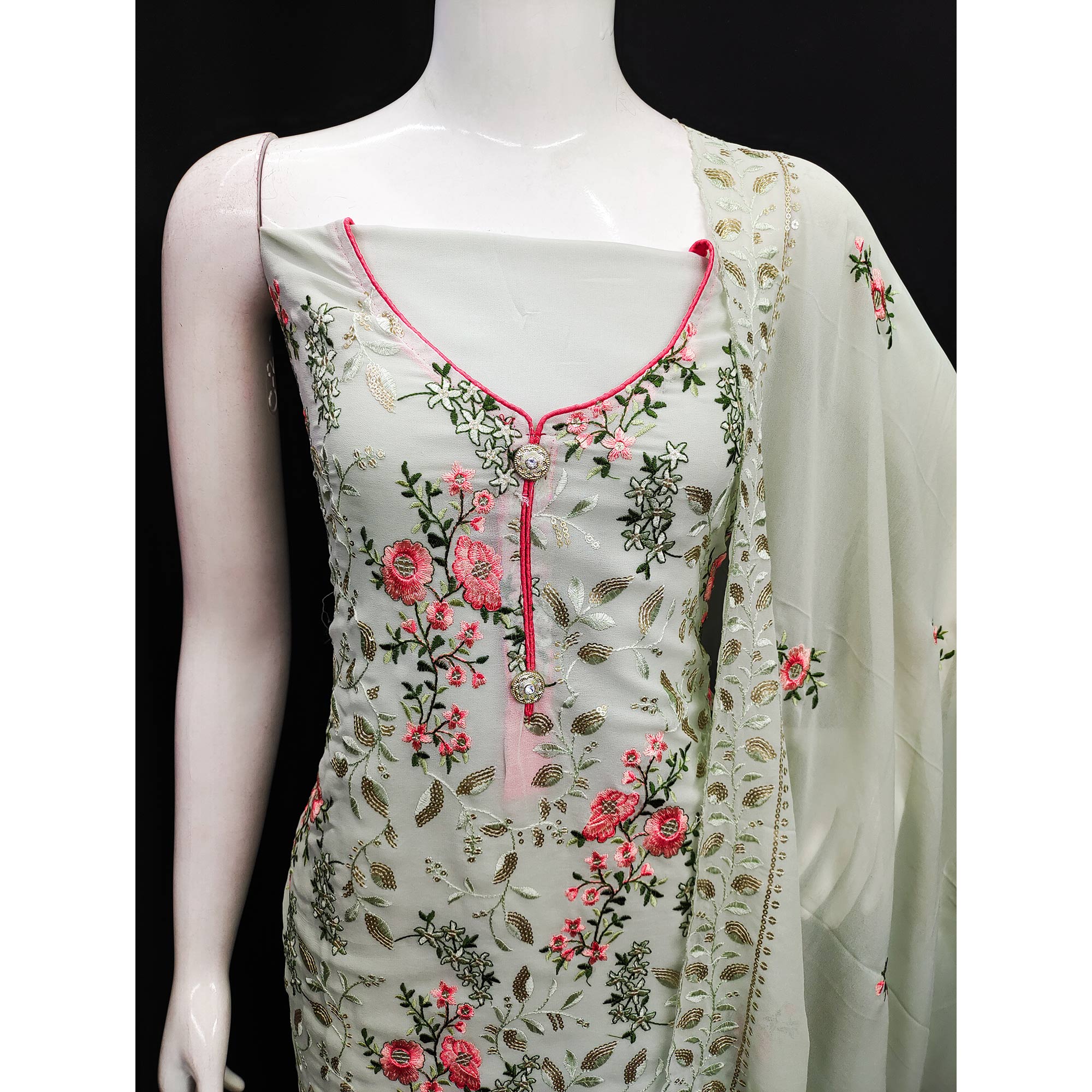 Off White Sequins Embroidered Georgette Dress Material