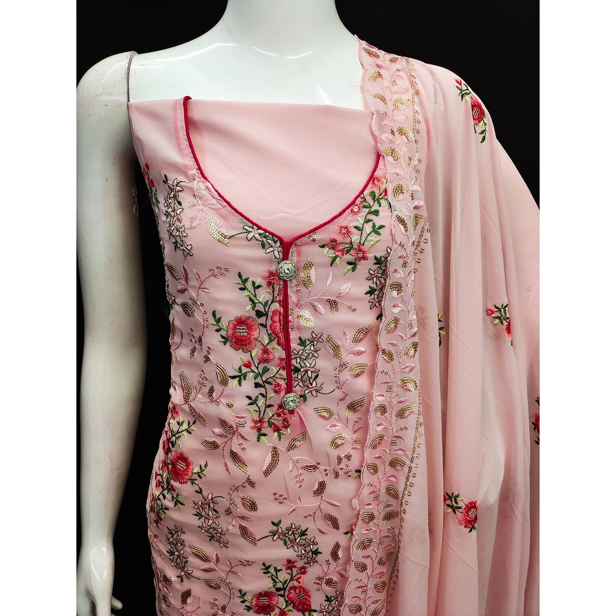 Pink Sequins Embroidered Georgette Dress Material
