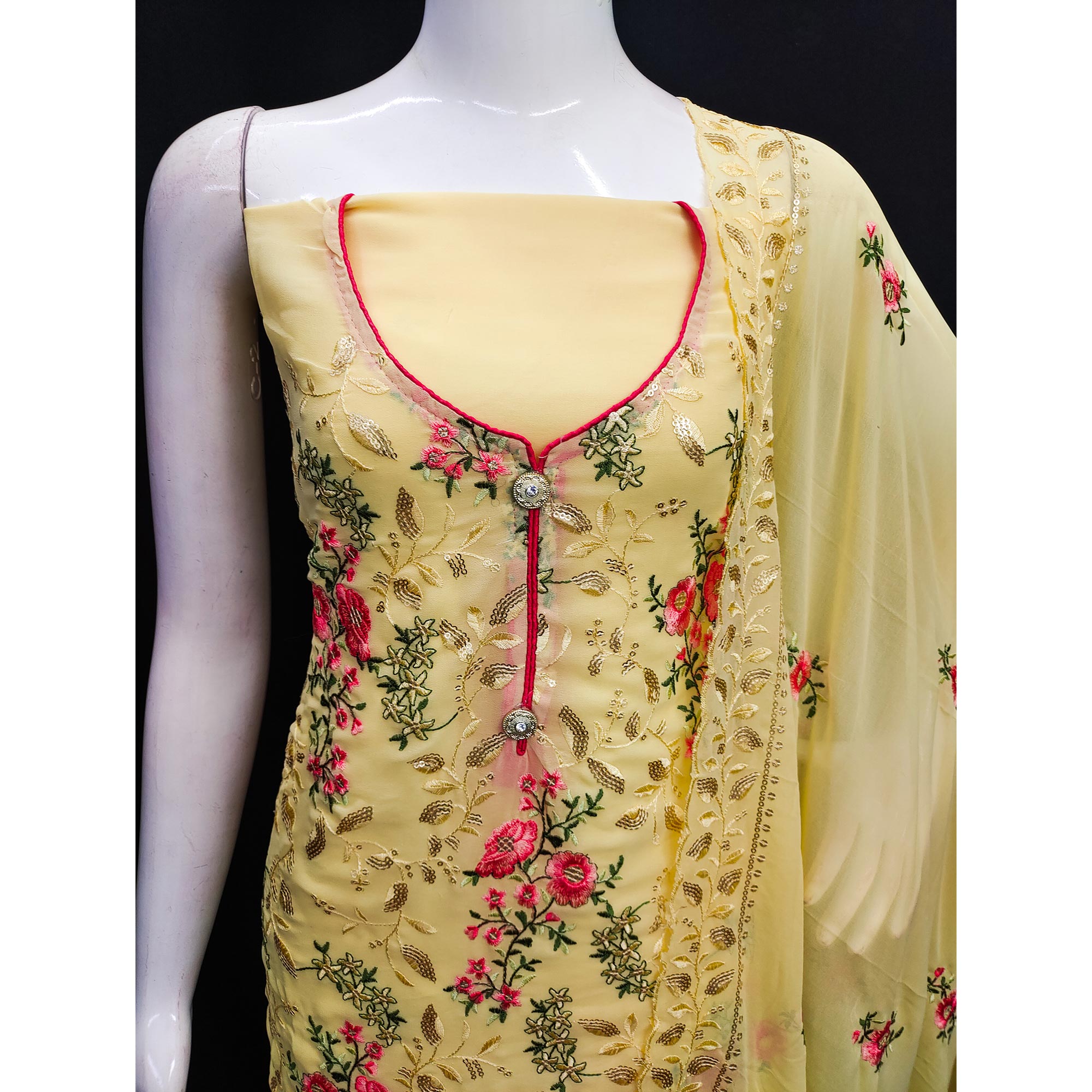 Yellow Sequins Embroidered Georgette Dress Material