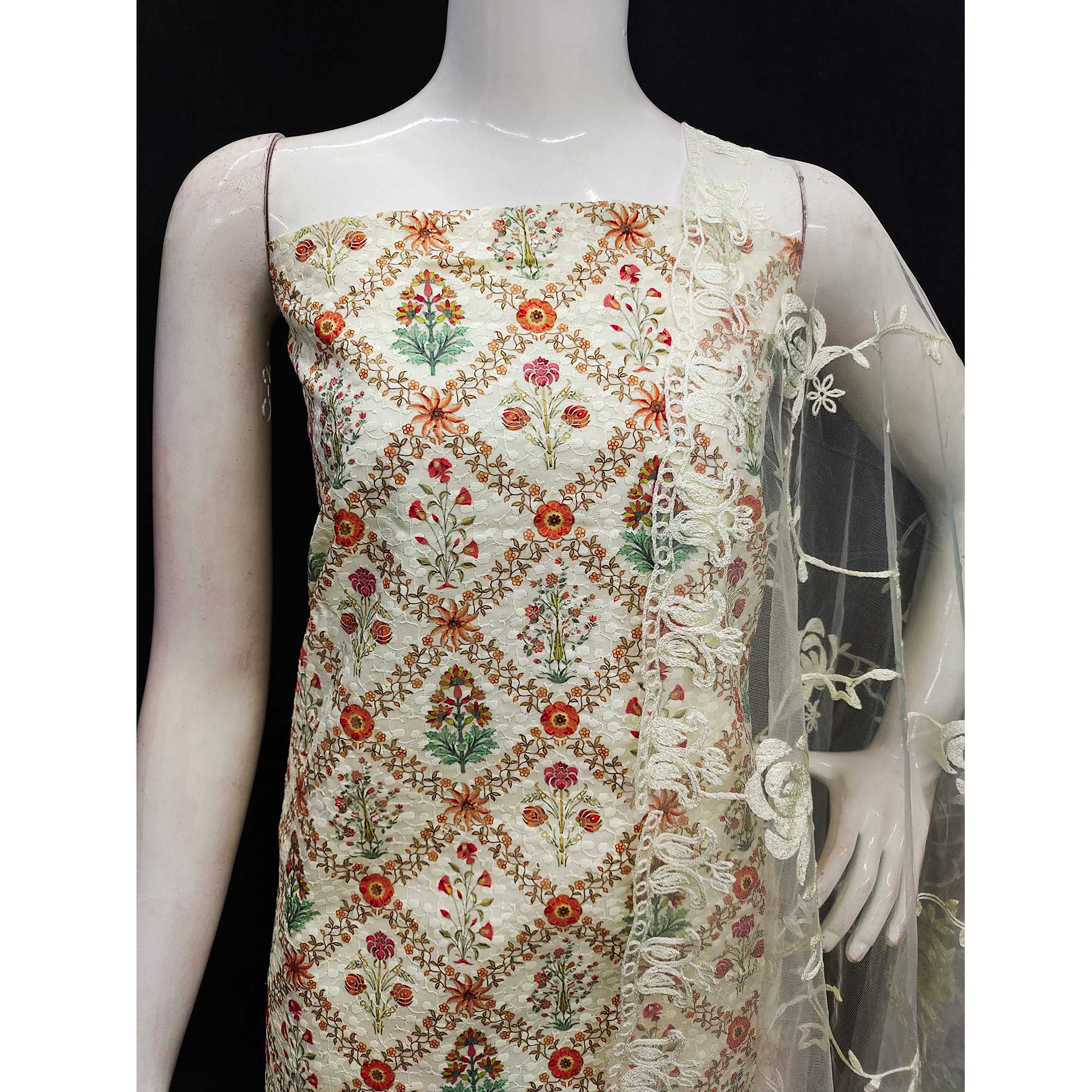 Off White Lucknowi With Printed Cotton Dress Material