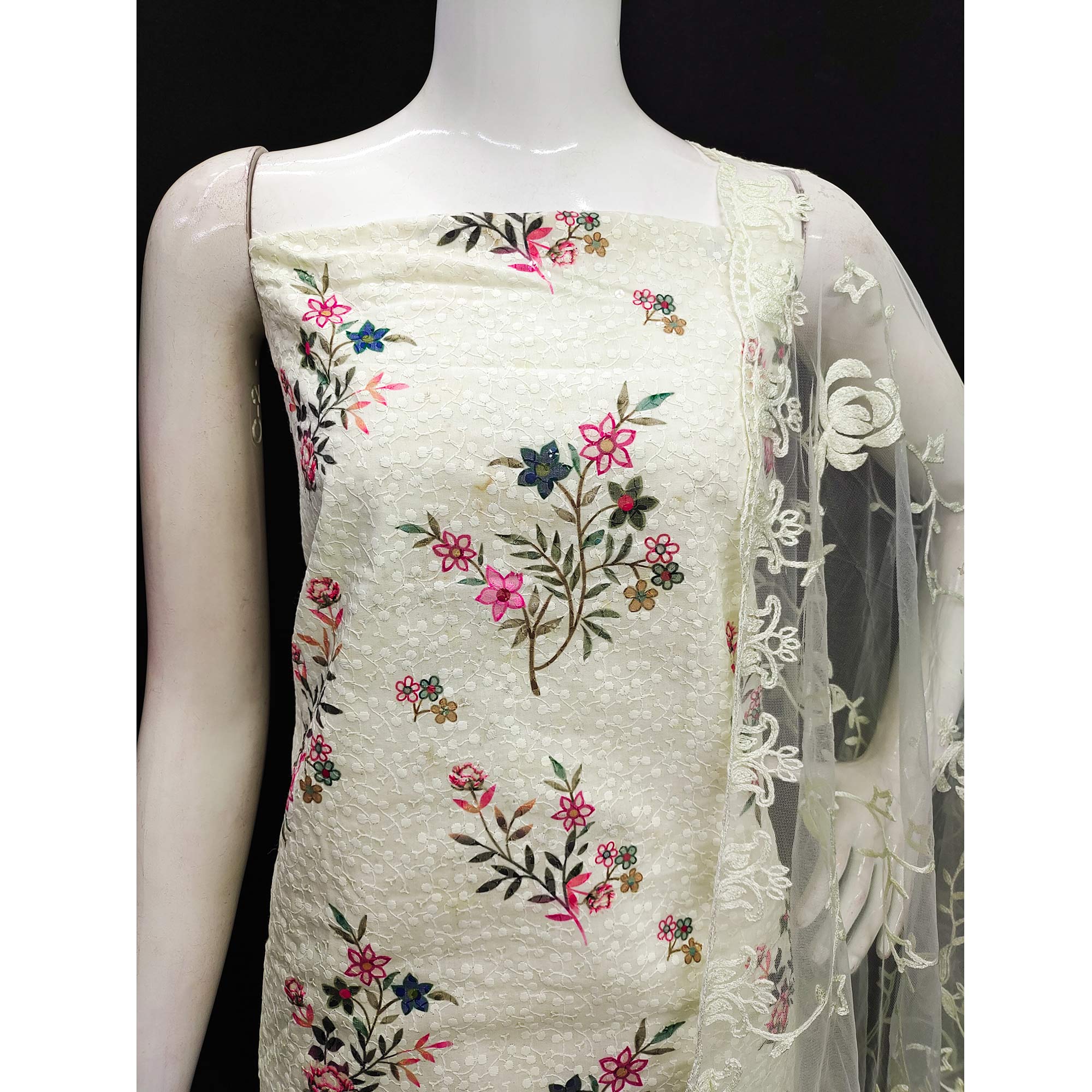 Off White Lucknowi With Printed Cotton Dress Material