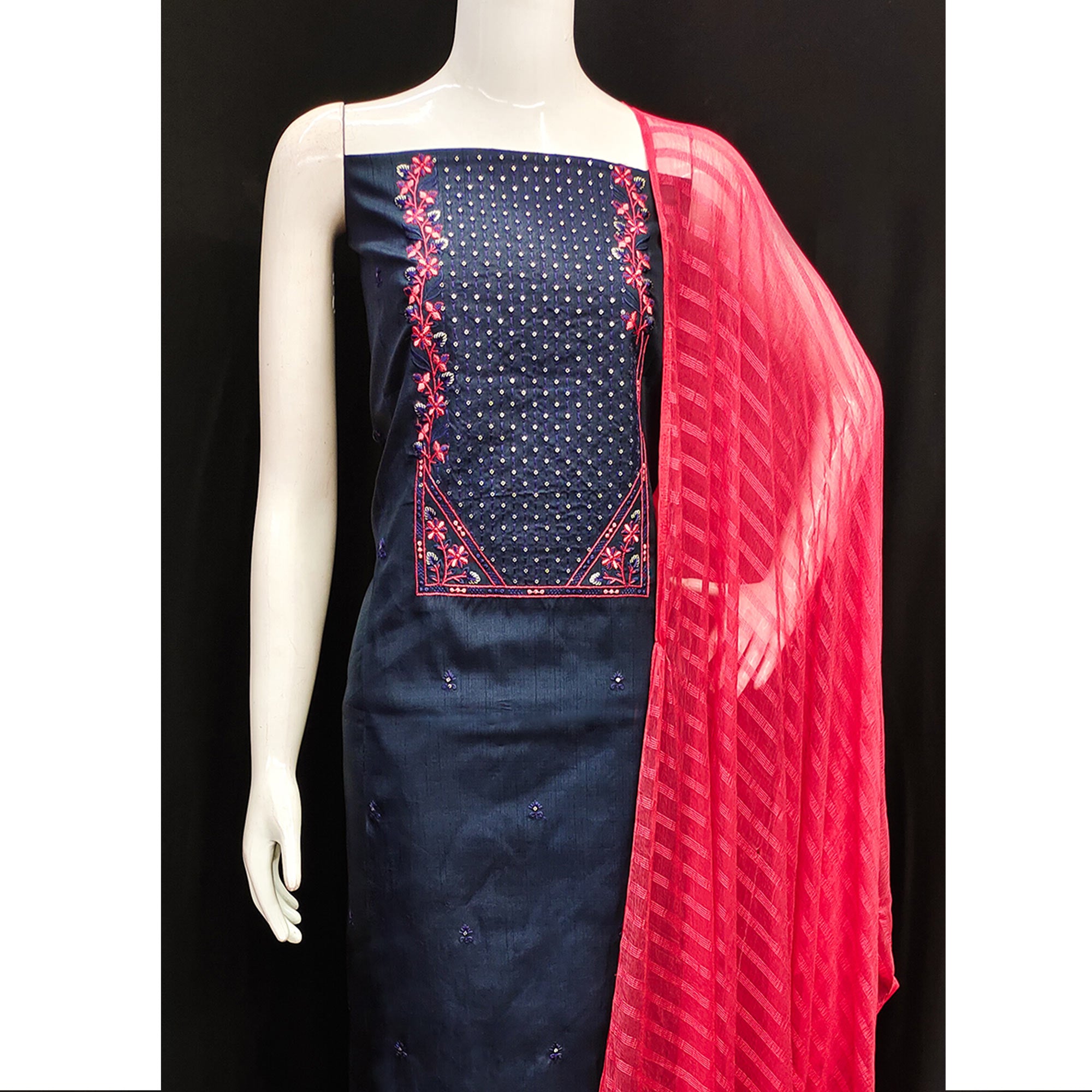 Navy Blue Embroidered Art Silk Dress Material