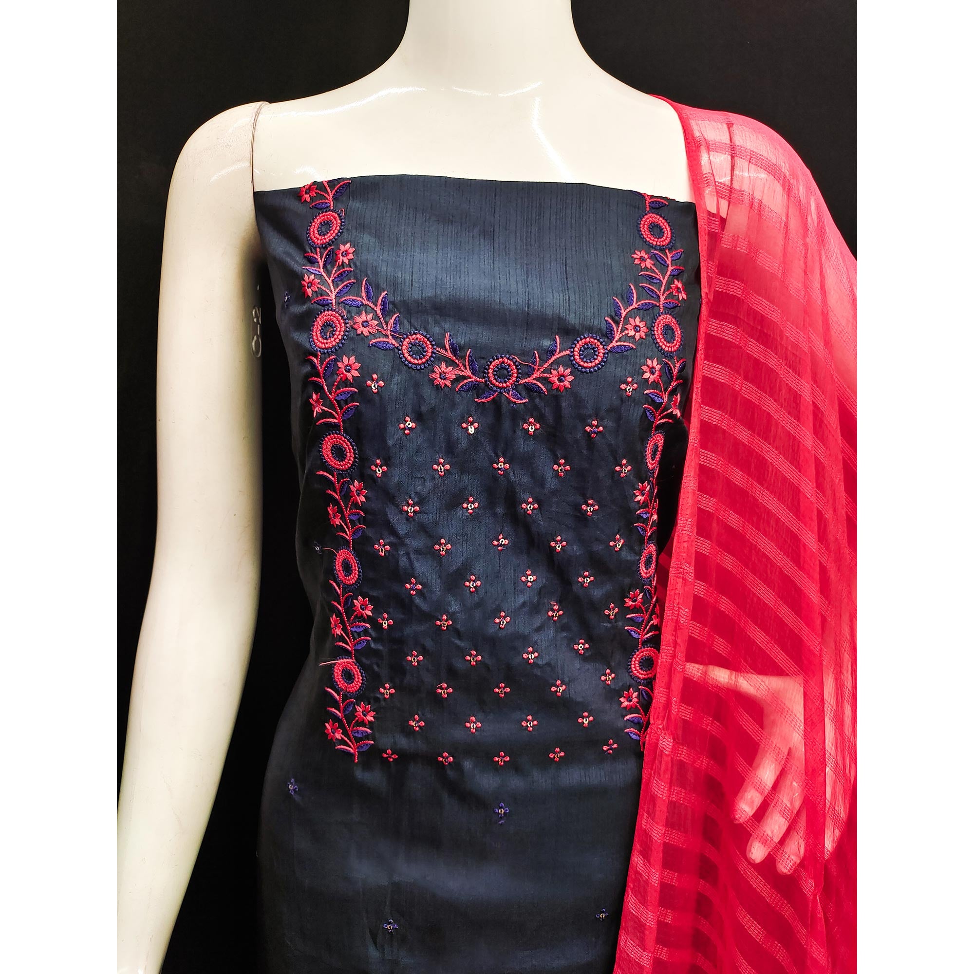 Navy Blue Embroidered Art Silk Dress Material