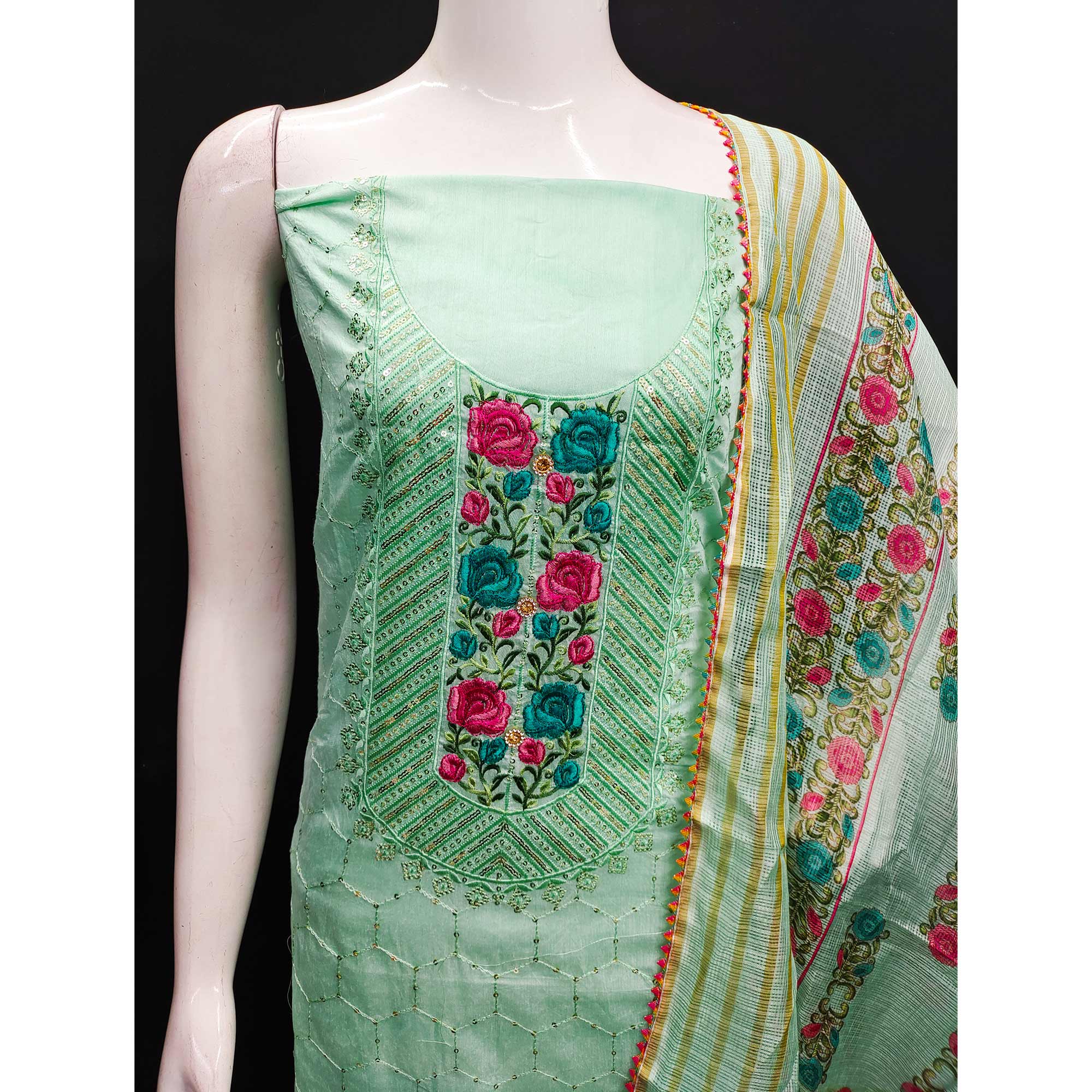 Turquoise Embroidered Chanderi Dress Material