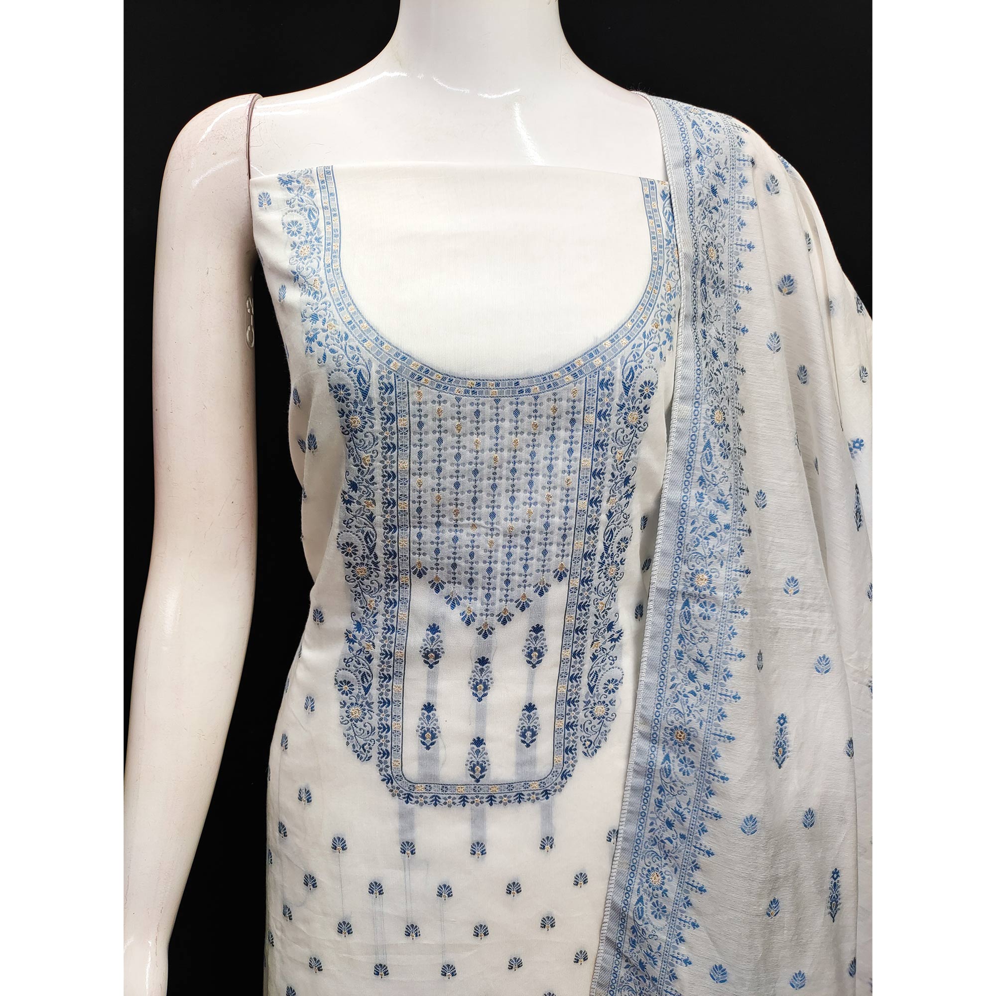 White & Blue Floral Woven Muslin Dress Material