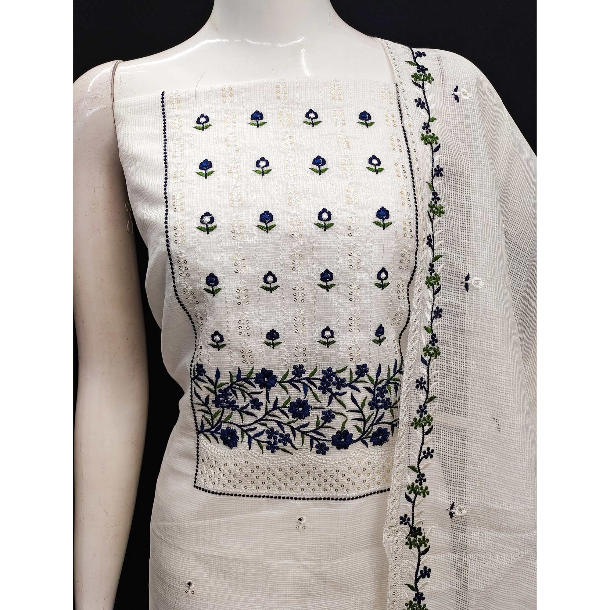 White & Navy Blue Floral Sequins Embroidered Kota Doria Dress Material