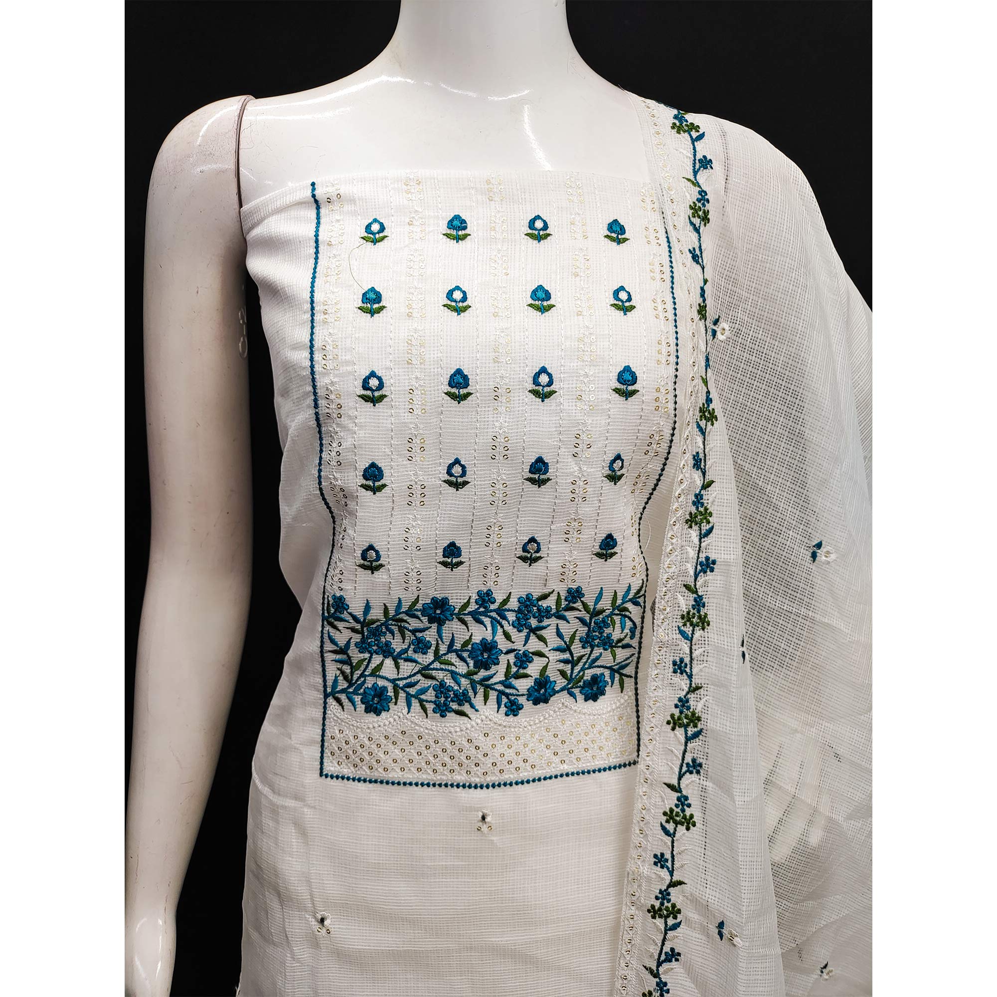 White & Teal Blue Floral Sequins Embroidered Kota Doria Dress Material