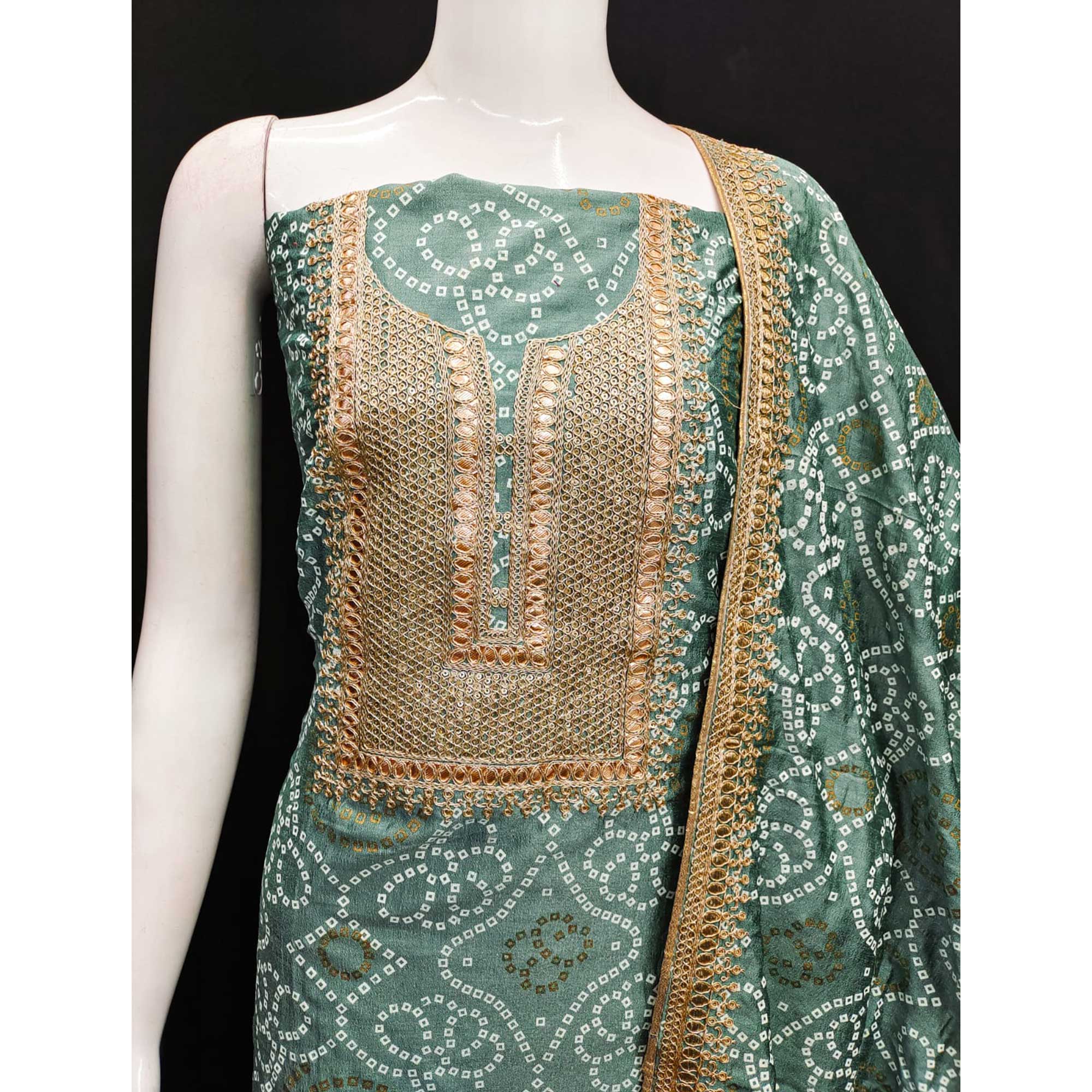 Green Bandhani Printed With Embroidered Vichitra Silk Dress Material