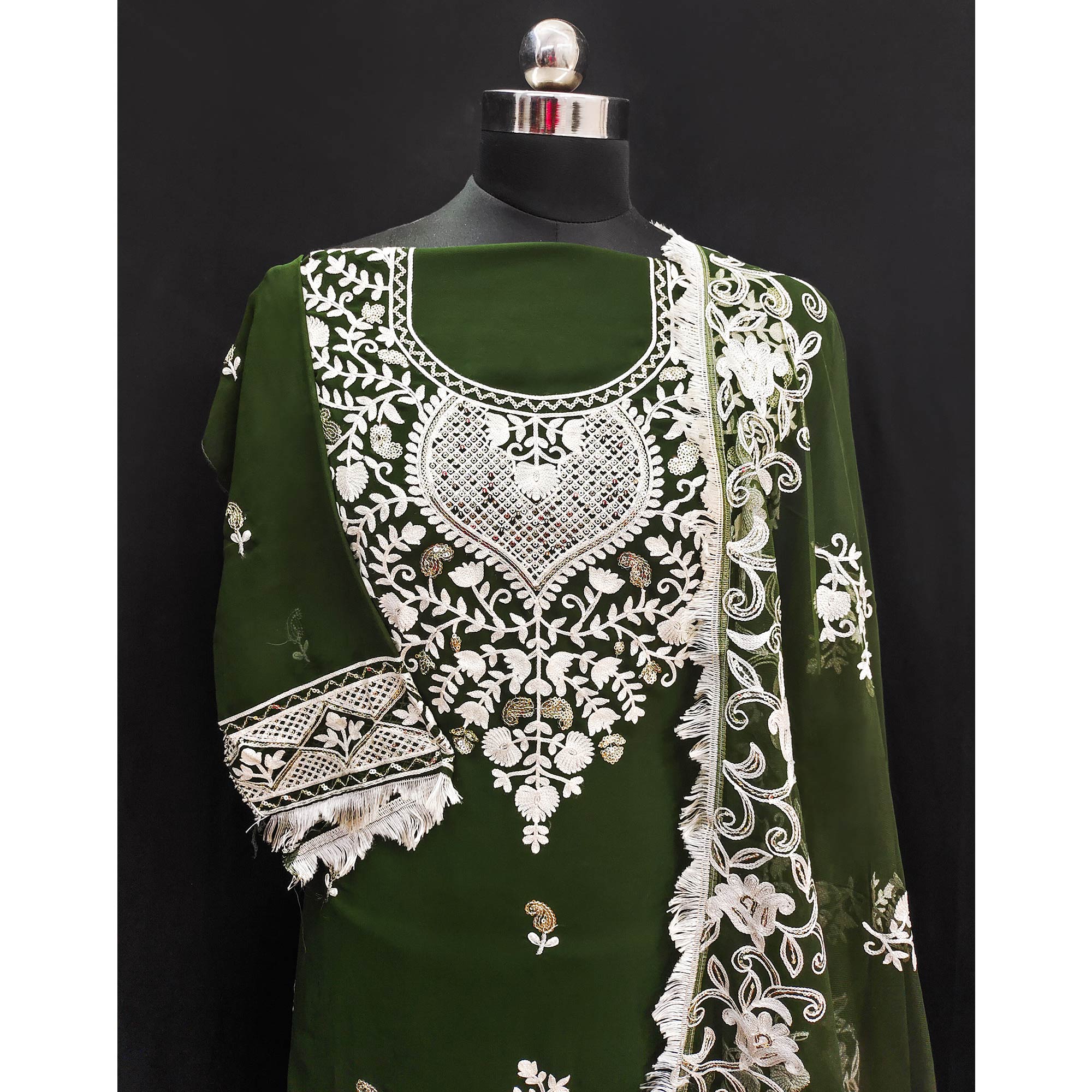 Mehandi Green Floral Embroidered Georgette Dress Material